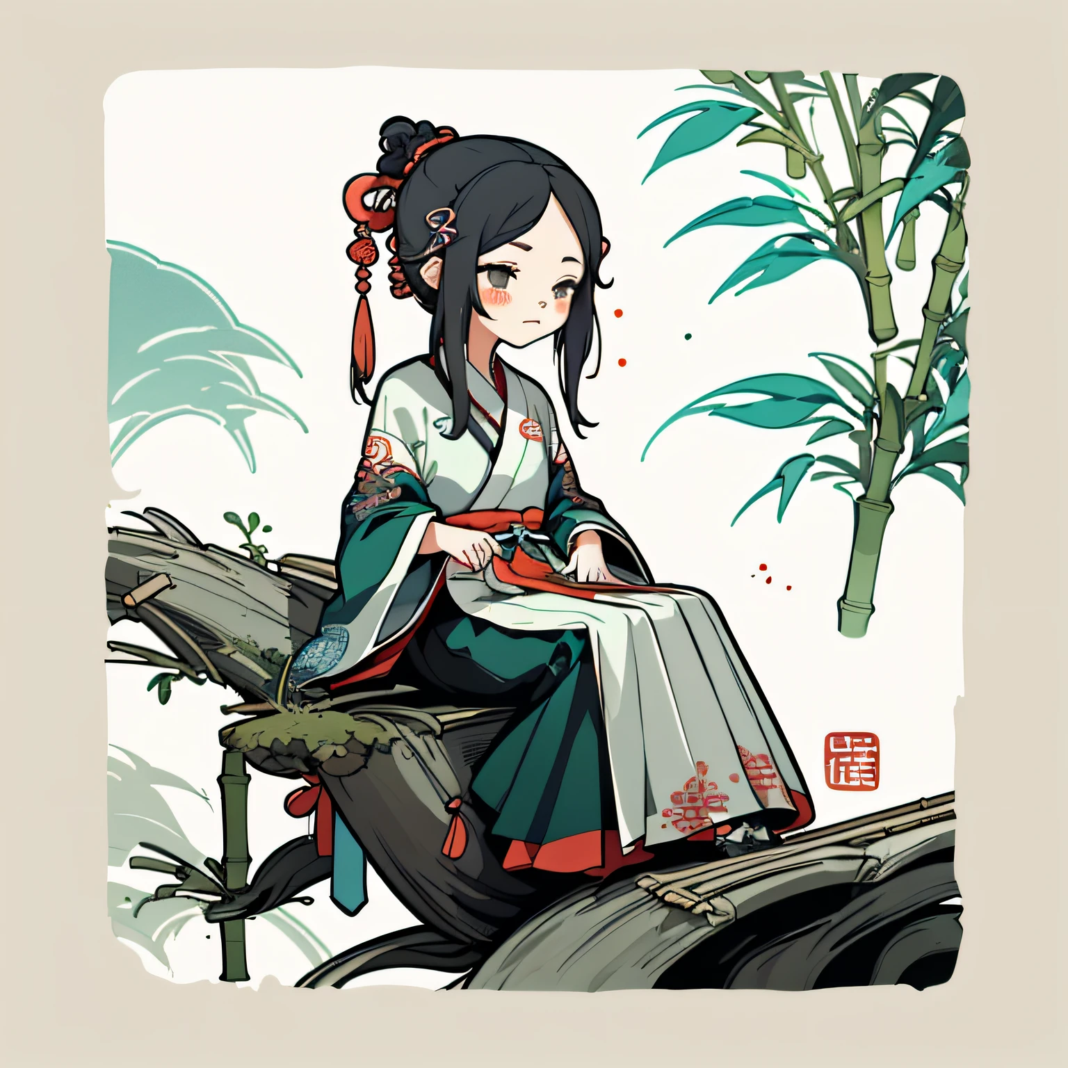 1 sticker, handbook, (sticker, 1 girl, Chinese Ming Dynasty clothes, gorgeous collar top, pleated long skirt, hanfu, embroidery, hairpin, bamboo, moss, pavilion), watercolor, white background, simple background, minimal, cute, tiny, pastel color, vector style, no gradient,