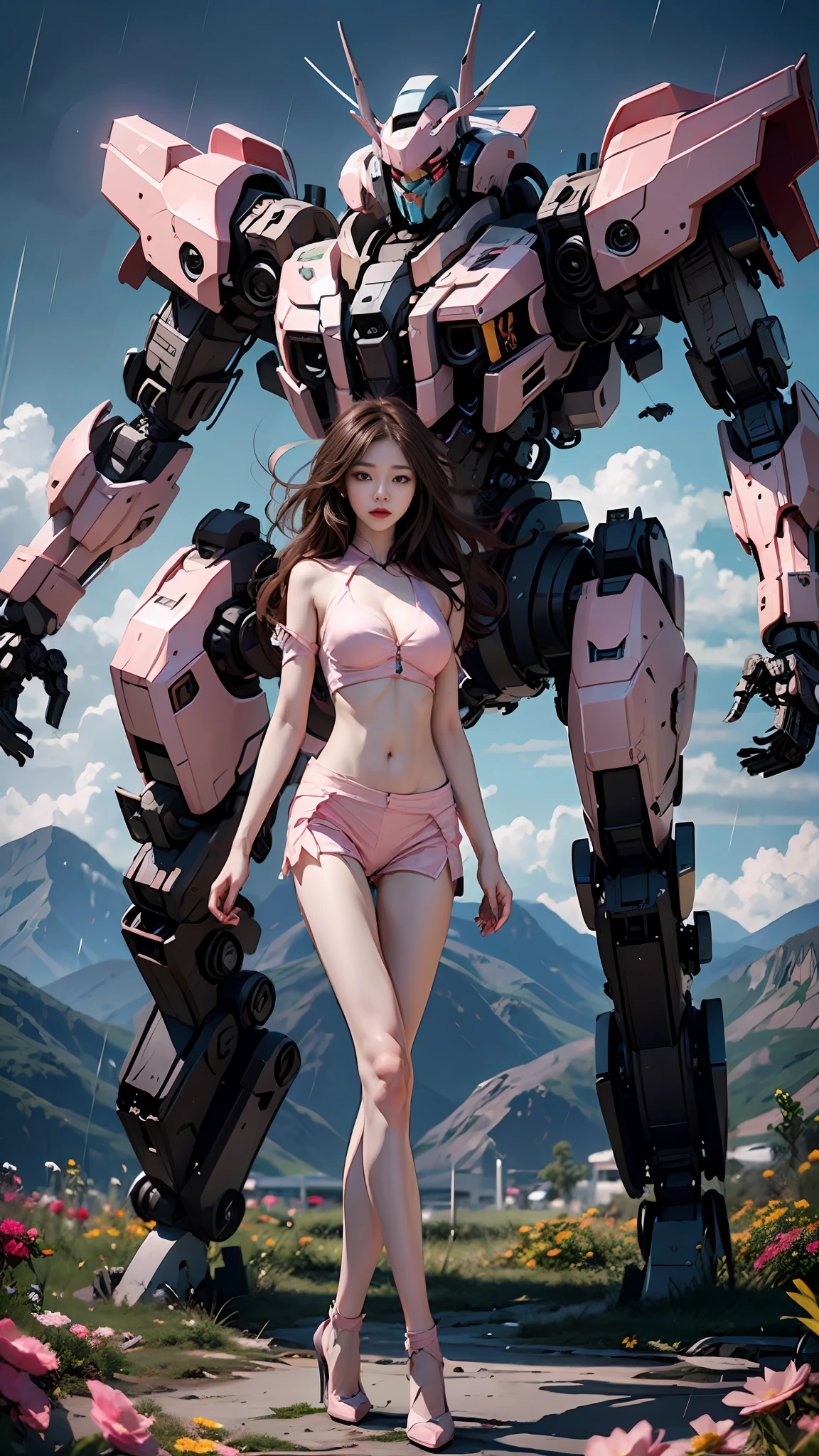 shitu-mecha,
( pureerosface_v1:0.5),mustee,Korean Doll,
Realistic photography,High quality,8k resolution,real photos,(((A mech girl with long hair,brown hair,medium breasts, )),chinese girl, tight fitting, navel),The ground is covered with flowers,shitu-mecha behind the girl,Magnificent and spectacular,full body,mysterious,photo by Brandon Woelfelmist,surreal dream,gray atmosphere,rainy day,dynamic,lut,hdrmprofessional lighting,photon mapping,radiosity,physically-based rendering,delicate realism,araydynamic and expressive animations,
(Pink Style:1.3),