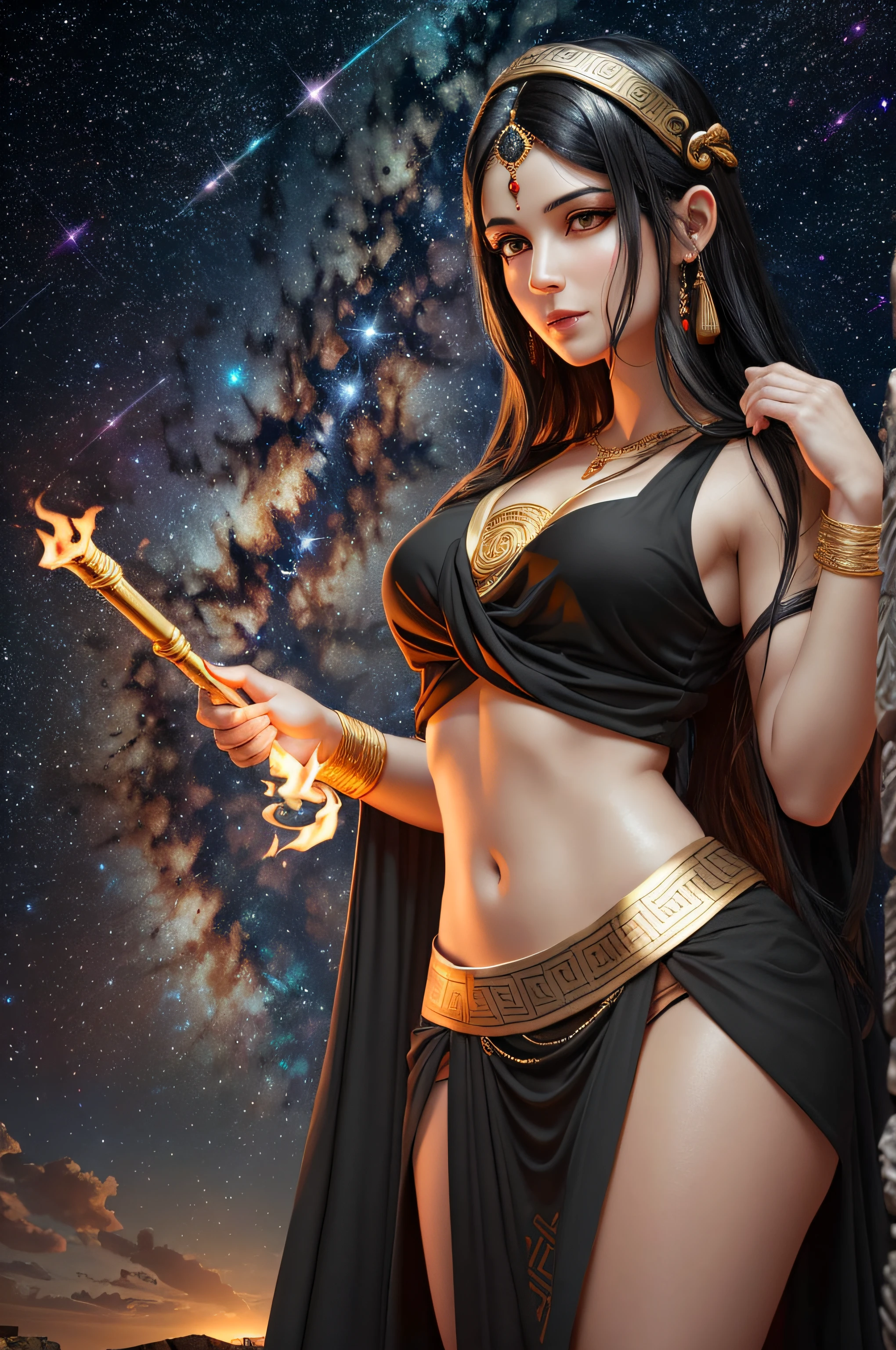 goddess of witchcraft and magic, with ((black hair)) and ((dark eyes)), is fair-skinned, wears a ((black)) greek toga with golden pattern, holding a torch, ancient greek temple and stary night sky in background, Greek mythology, mysterious, photorealistic, super high quality, super detail, ultra accurate description of hands, masterpiece, 8K, HDR