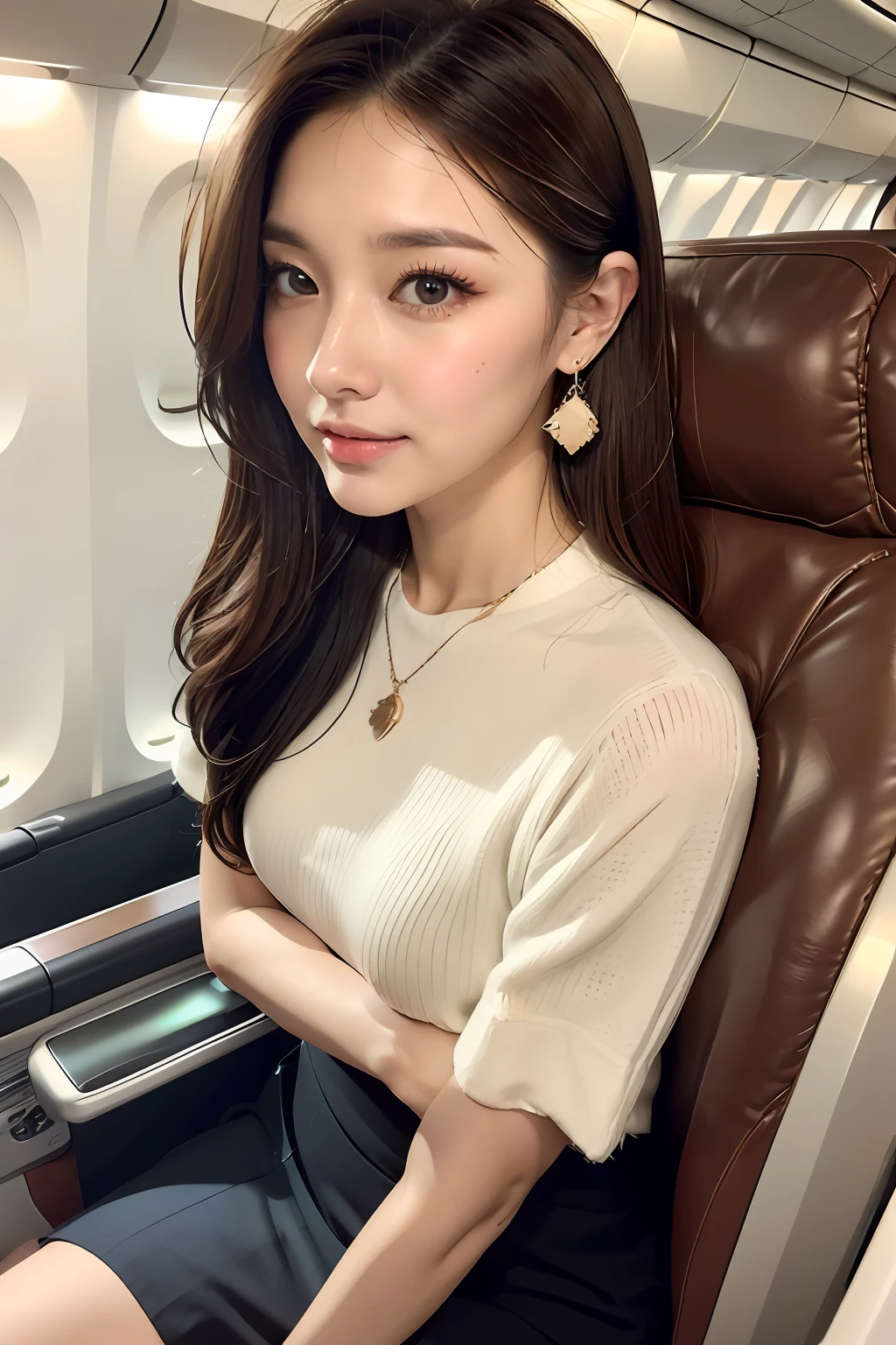 (Innocent and Cute girl:1.3), (Wearing Luxury cabin-attendant's uniform: 1.2), (layered hairstyle, brown hair, wavy hair), medium large breasts, (Sitting on the seat with one's legs crossed:1.2), (in an airplane), (Selfie Pose on Instagram:1.2), from above, BREAK, (Masterpiece: 1.3), (Maximum resolution: 1.2), (Ultra HDTV: 1.2), Cinema Light, Ultra HDTV, (Detailed eyes and skin:1.2), (Detailed facial features), HDR, 8k resolution, Sharp focus: 1.2, Perfect style, Beautiful face, beautiful legs, accurate, anatomically correct, Highly detailed face and skin texture, Detailed eyes, Brown eyes, Double eyelids, Thin eyebrows, Glitter Eyeliner, Natural cheeks, fair skin: 1.2, earrings, without a shiny small necklace, (Glossy lips: 1.4),
