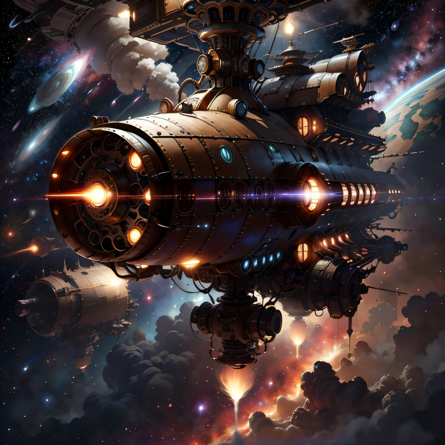 SteamPunkAI , Cogpunk spaceship in space, stellar, mastrpiece, epic composition