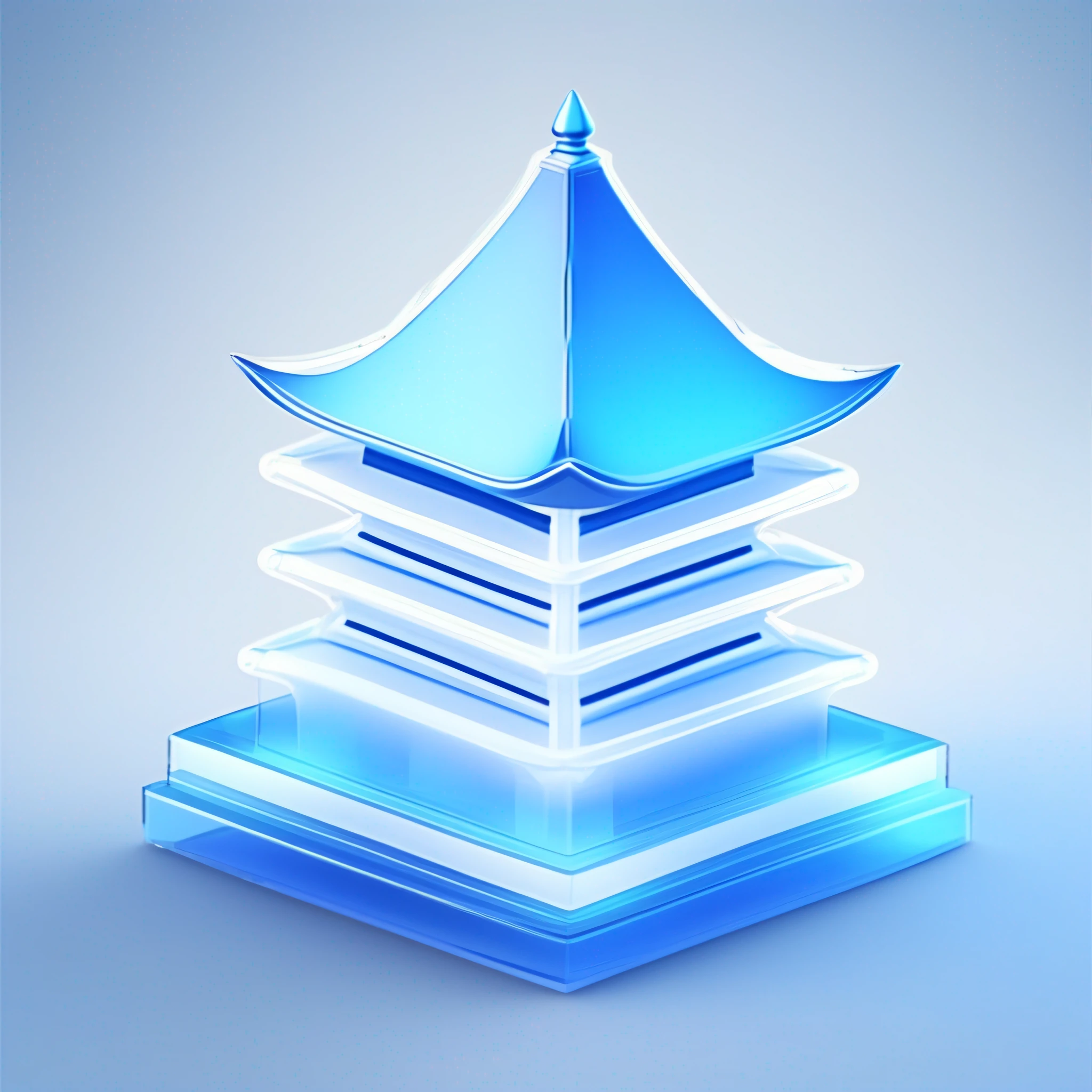 2.5D,Tech style, Ultra HDR, Pagoda icon with frosted glass transparent texture, blue, white background，C4D rendering，