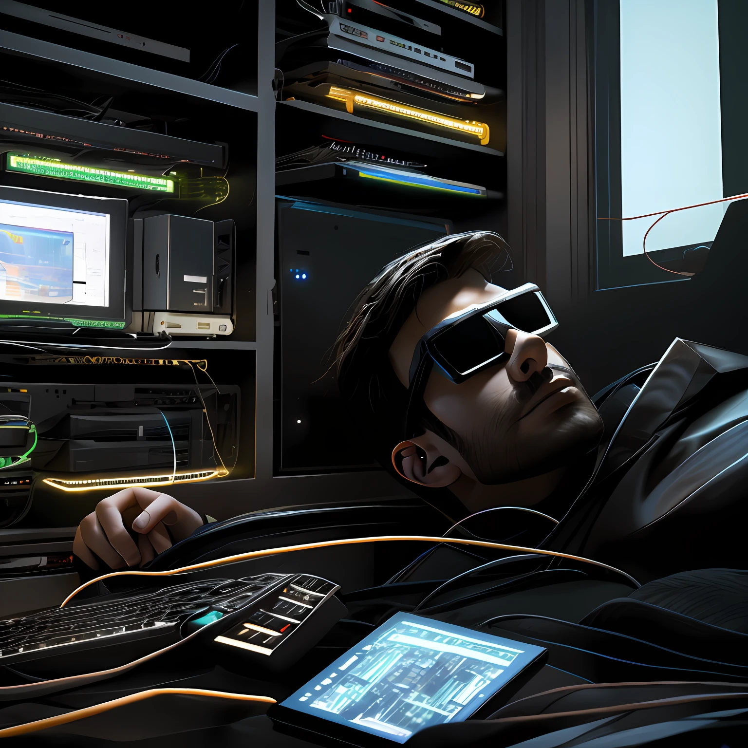 homem em uma sala de computadores futuristas, It is connected to several plugs for artificial power while sleeping using a 3D glasses, He's dreaming of an unreal world