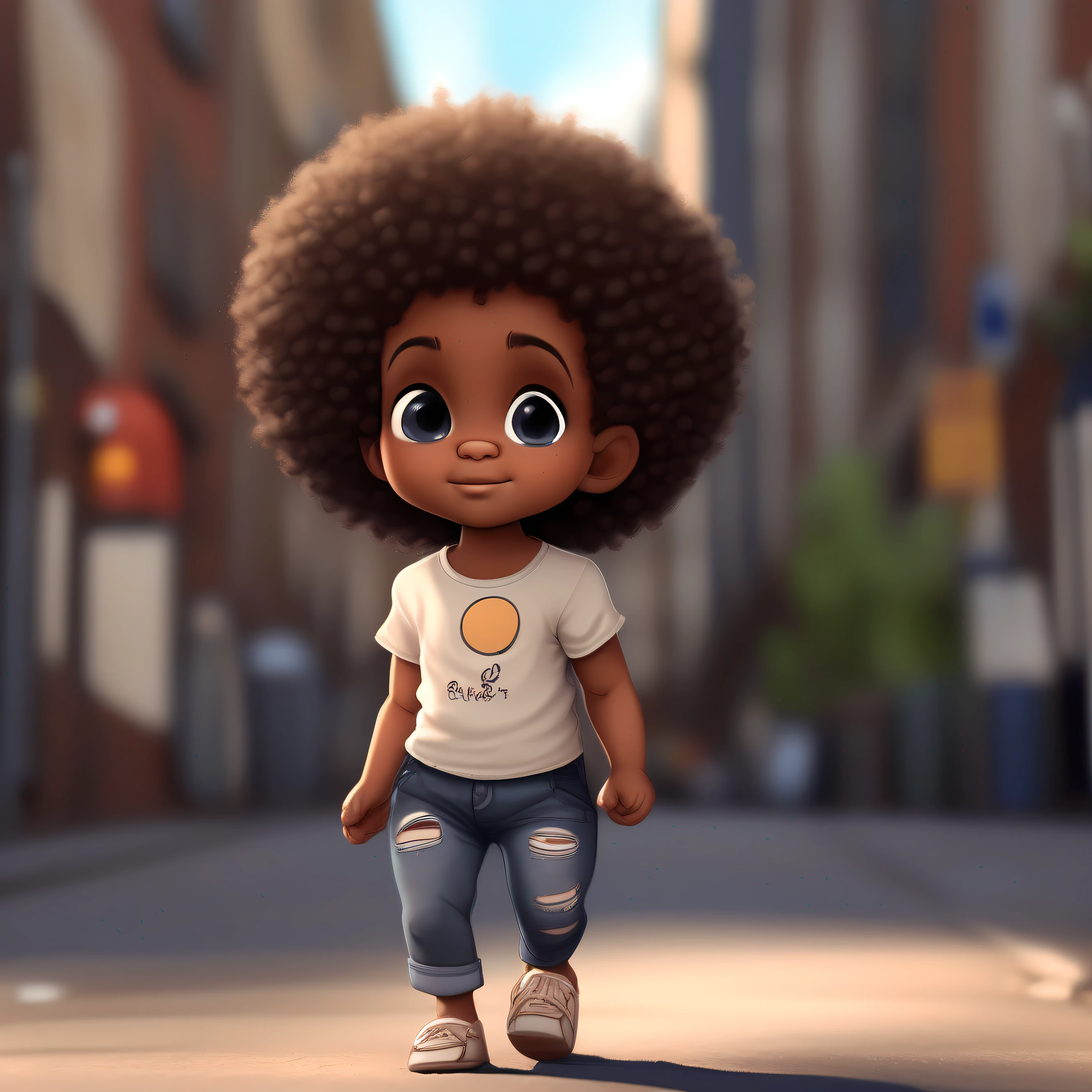 Chibi a 9 month old afro baby walking on a city street, clean photo, best quality, pixar style, curly hair, 8k, wearing summer clothes, T-shirt and jeans ((pele_afro:0.5)) ((pele_afro:0.9) ((pele_afro:1.13))