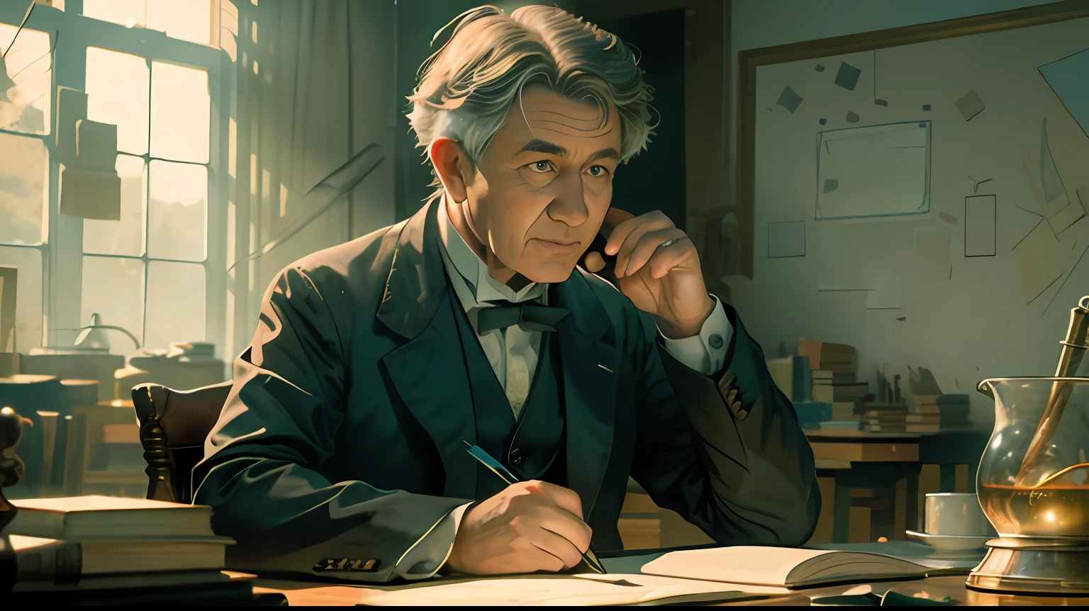 Homem sentado em uma mesa com uma pilha de livros e uma caneta, Chiaroscuro estudioso, inspirado em Yousuf Karsh, fotografia editorial, Cinebiografia, estudioso, Fotografia Collodion, retrato do livro, Neil Gaiman, Instigantes, Directed by: Etienne Delessert, Sergey Zabelin, Directed by: Max Dauthendey