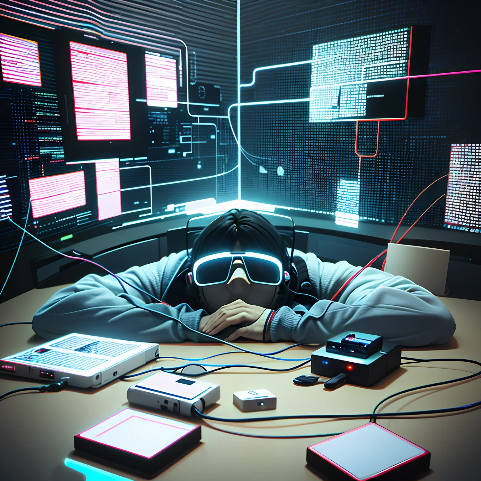 homem em uma sala de computadores futuristas, It is connected to several plugs for artificial power while sleeping using a 3D glasses, He's dreaming of an unreal world