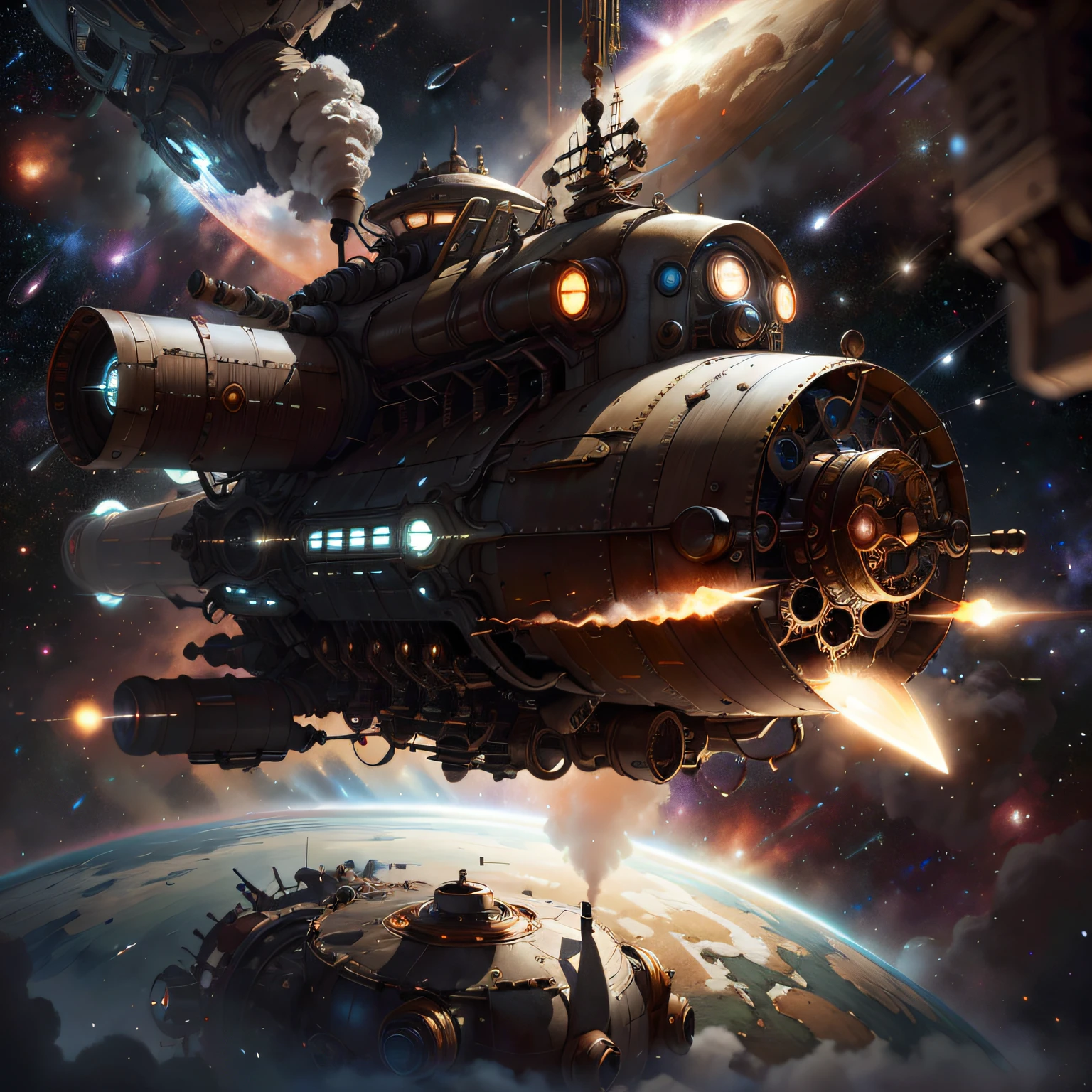 SteamPunkAI , Cogpunk spaceship in space, stellar, mastrpiece, epic composition