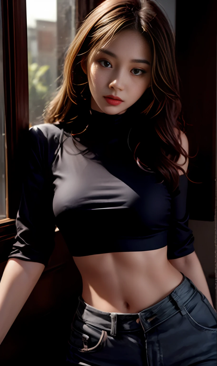 there is a woman that is posing in a room with a window, gorgeous chinese model, korean women's fashion model, wearing a y cropped top, photo of slim girl model, hot with shining sun, gorgeous korean young woman, wearing a cute top, Casual clothes, open v chest clothes, wearing casual clothing, Sexook, Sexy se, sultry body with sexy bell