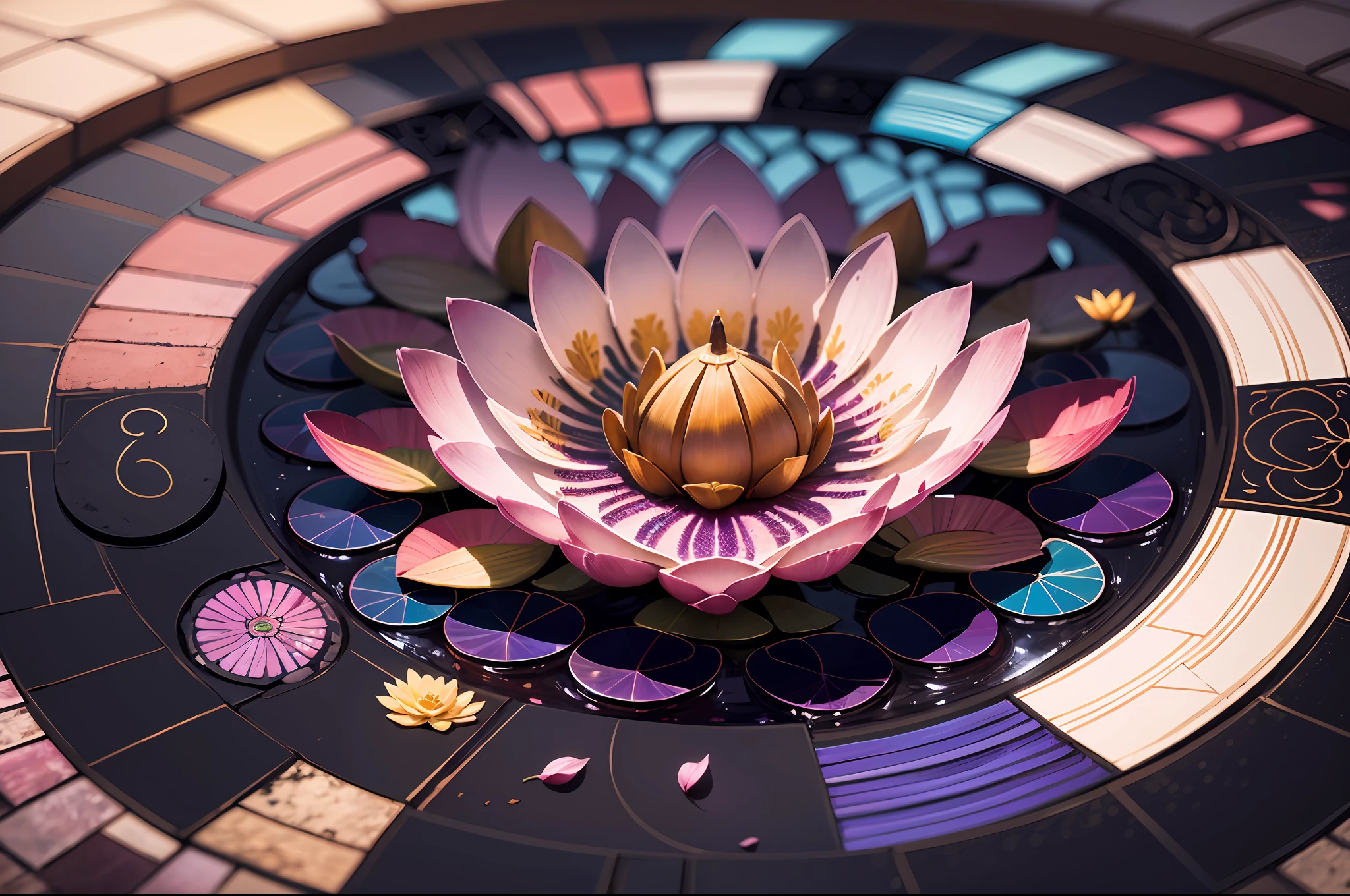 Imagine a stunning circular stained glass art installation inspired by the serene beauty of the Lotus Temple in Delhi. The glass artwork captures the iconic lotus-shaped structure, with delicate petals rendered in crystal clear stained glass. The vibrant colors of pink, purple, and blue create a sense of tranquility and spiritual reverence. The interplay of light through the glass evokes a sense of ethereal beauty, making the artwork come alive. Present this captivating artwork in the highest resolution possible, in a circular format, allowing viewers to experience the harmony and serenity of the Lotus Temple --auto --s2