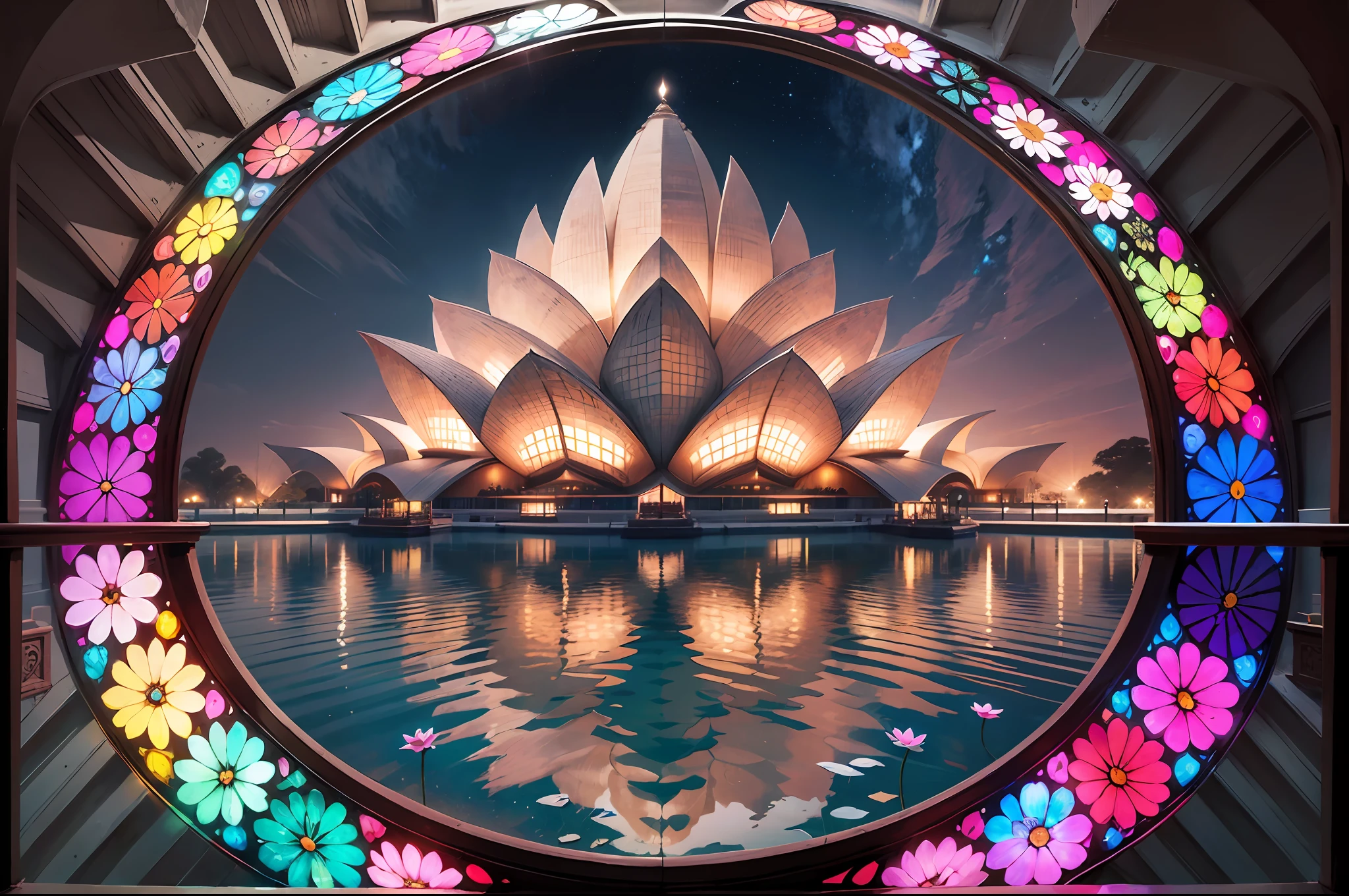 Imagine a stunning circular stained glass art installation inspired by the serene beauty of the Lotus Temple in Delhi. The glass artwork captures the iconic lotus-shaped structure, with delicate petals rendered in crystal clear stained glass. The vibrant colors of pink, purple, and blue create a sense of tranquility and spiritual reverence. The interplay of light through the glass evokes a sense of ethereal beauty, making the artwork come alive. Present this captivating artwork in the highest resolution possible, in a circular format, allowing viewers to experience the harmony and serenity of the Lotus Temple --auto --s2