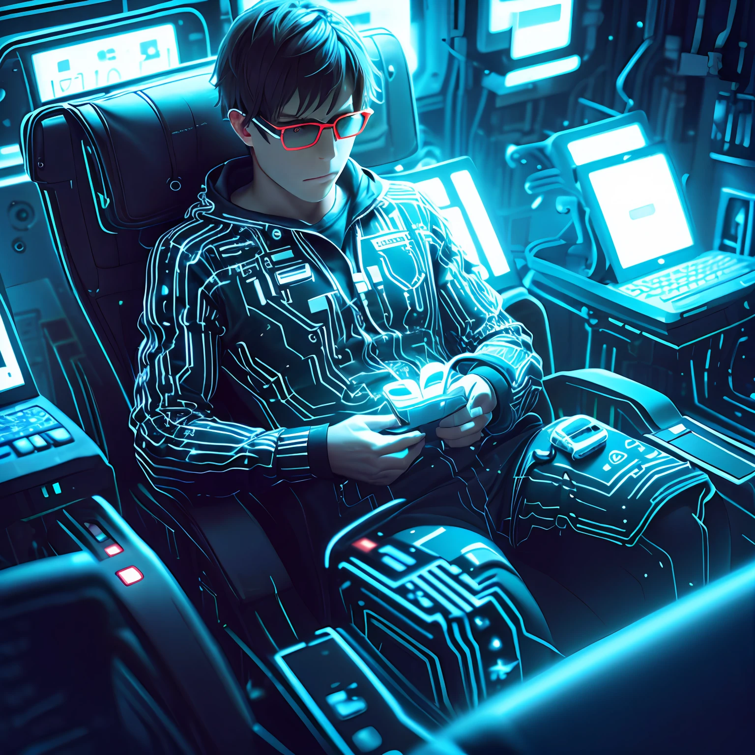 homem em uma sala, It is connected to several plugs for artificial power while wearing a state-of-the-art 3D glasses, He's dreaming of an unreal world