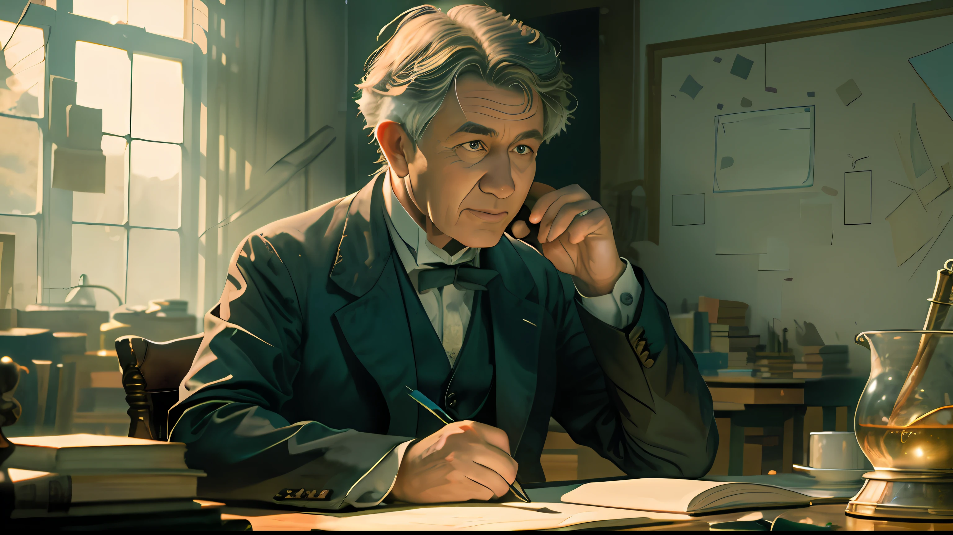Homem sentado em uma mesa com uma pilha de livros e uma caneta, Chiaroscuro estudioso, inspirado em Yousuf Karsh, fotografia editorial, Cinebiografia, estudioso, Fotografia Collodion, retrato do livro, Neil Gaiman, Instigantes, Directed by: Etienne Delessert, Sergey Zabelin, Directed by: Max Dauthendey