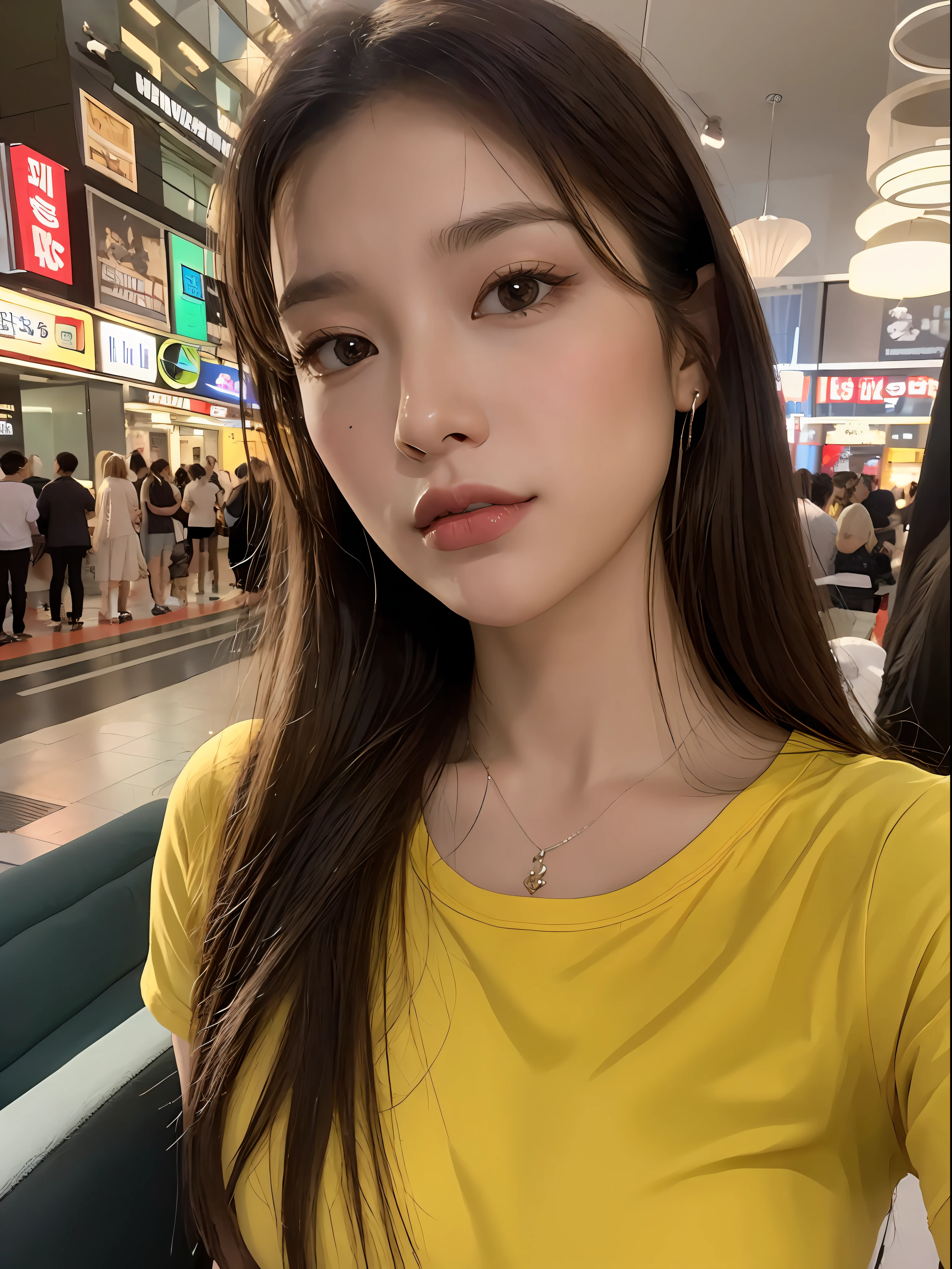 A selfie，((, need, 8K, The Masterpiece:1.3)), 1female，pedestrian street，In the evening，Upper body photo，Be confident，(selfie photo:1.5)，Parlor，Focalors:1.2,Slim abs:1.1, ((Dark brown hair )), (Yellow T-shirt：1.2), ((sofas：1.3)), Highly detailed facial and skin texture,