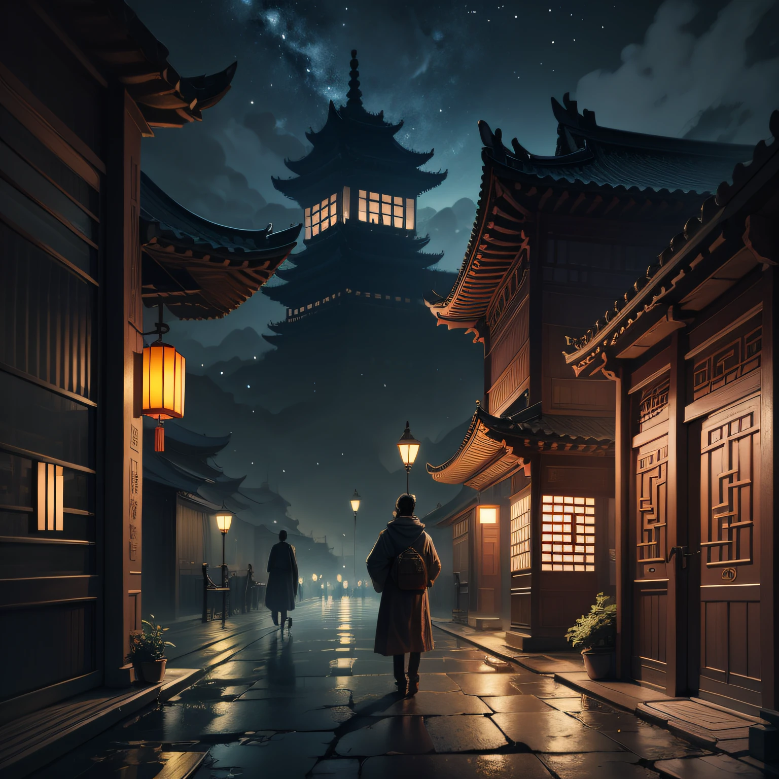 Ancient Chinese architecture,Streets,Night,A figure in the distance
