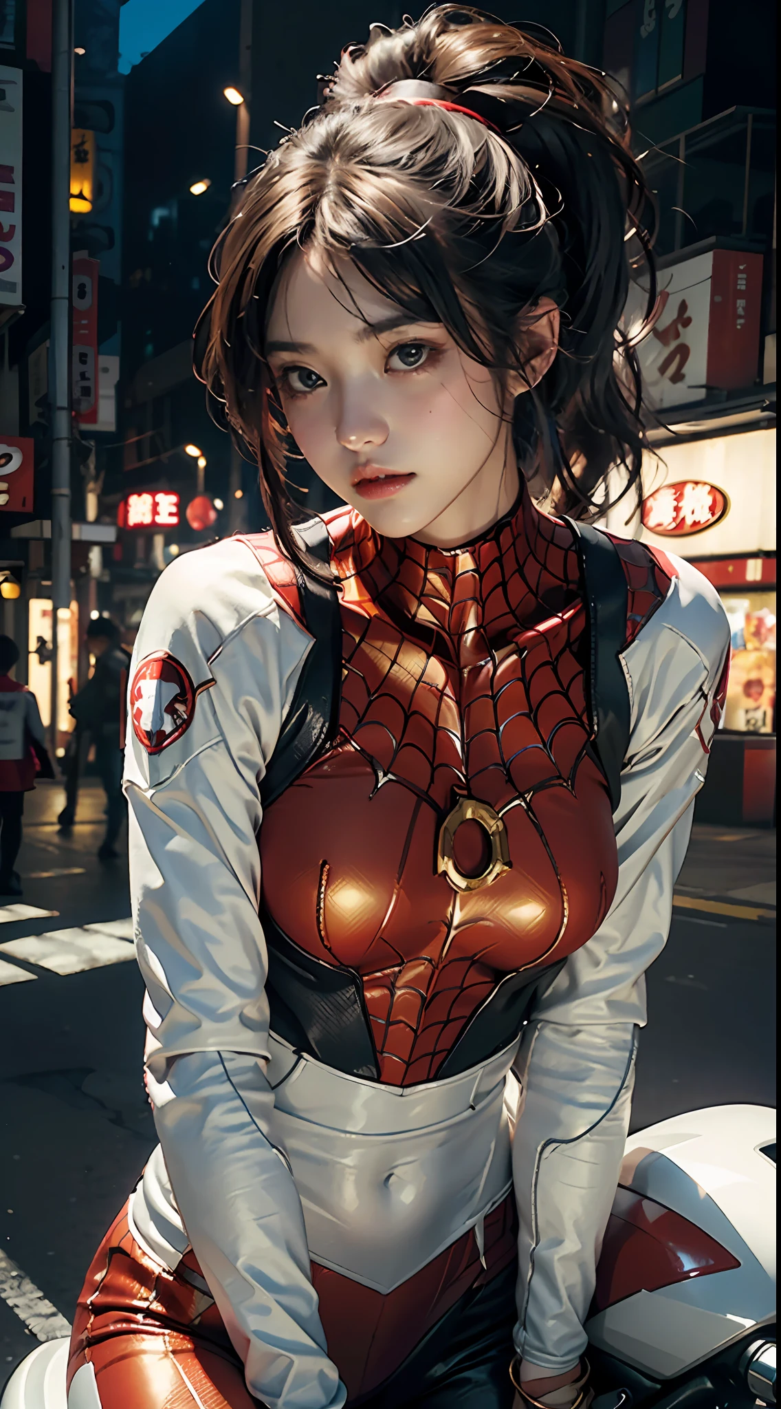 the highest picture quality、Exceptional detail、ultra-highres、(realistness:1.4)、the best illustration、Prefer details、Highly condensed 1girl、delicate and beautiful face、、Wearing a white and red mecha helmet、Riding a black motorcycle、The background is a lighting scene in Dotonbori, Osaka。Glico's Signboard、Highly exposed in golden and silver Spider-Man costumes、lower ponytail hair、