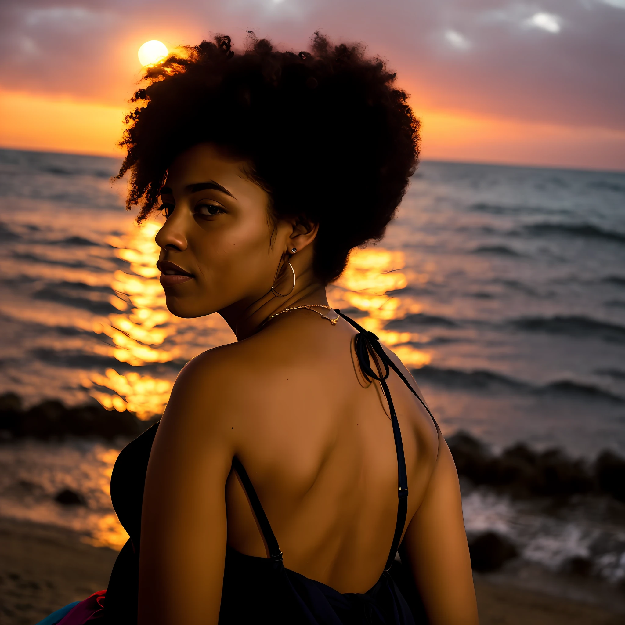 Mujer afrodescendiente sentada mirando al mar en la ciudad de noche