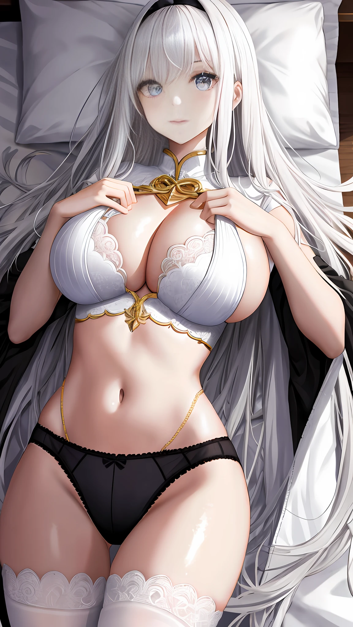 White-haired beauty,watery big eyes,Delicate eye makeup,Long eyelashes,8K分辨率,The body is strong,{{Huge_Breast}},The chest is erect,Tall,Long legs,Thin and transparent underwear,There is particularly little cloth,Ultra-high fork,Gold chain,{{glossy}},{Slim},skin white,{black_Stockings},the highest detail,Long curly hair that is lightweight,long bangs,laying on stomach in the bed,Back perspective