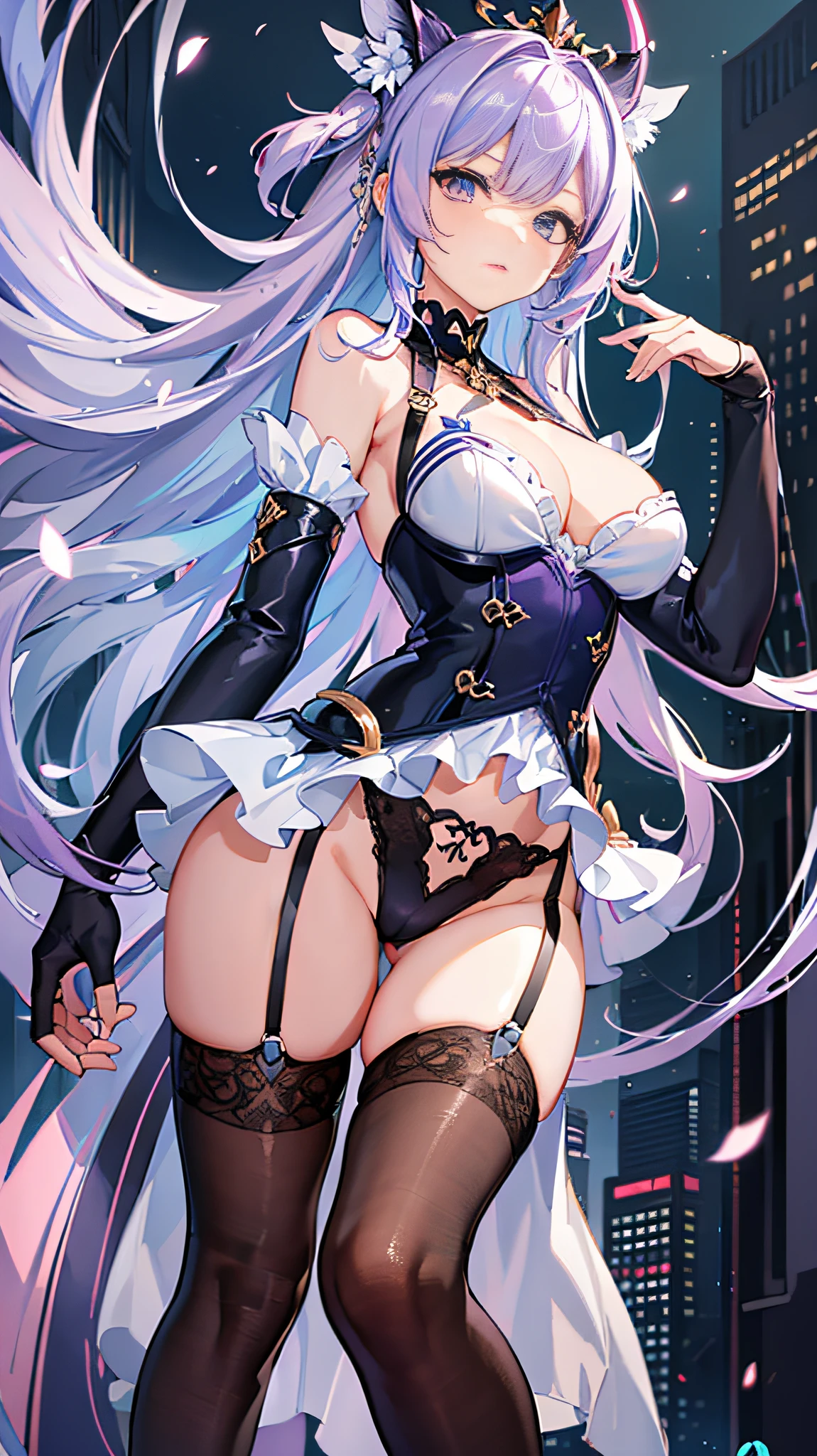 Sexy and super petite girl with white hair and super beautiful blue eyes, Super cute and super lovely, with perfect anatomy using a white and gold leotard, a bun in the hair, White socks with violet bow and tight white gloves, con piernas perfectas y espacio entre los muslos, viendo hacia el espectador con un helado en la mano, helado y estrellas en el fondo, (ulzzang), (CG extremadamente detallado, unidad, Fondo de pantalla de 8k: 1.1), Fantasma iridiscente, sombrado perfecto,