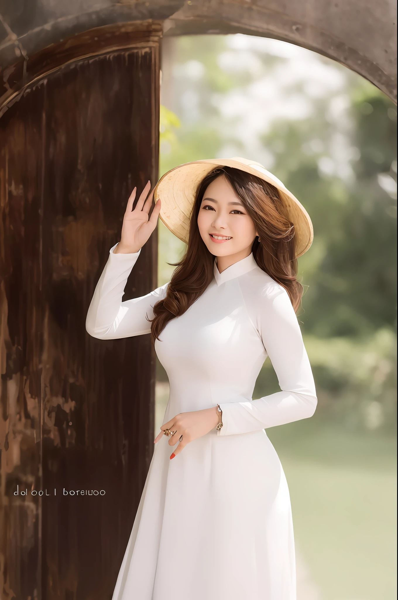 arafed woman in a white dress and hat posing for a picture, ao dai, mai anh tran, in style of lam manh, a beautiful woman in white, vietnamese woman, 60mm portrait, 7 0 mm portrait, photoshoot, classic portrait, in white clothes, photoshoot for skincare brand, elegant smiling pose, high quality portrait photoshoot