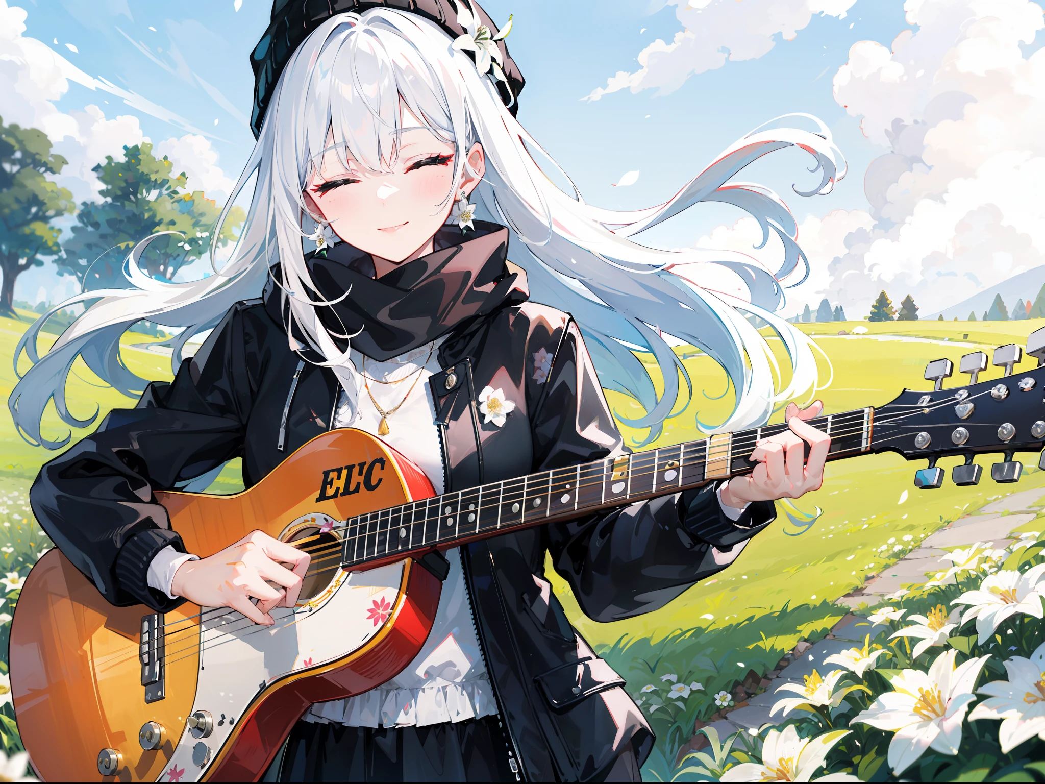 "Epic morning atmosphere, stunning 4k artwork featuring a mature woman with confident long full white flower white hair and closed two eyes, she wears a black beanie and is decorated with flowers, her hair is also decorated with flowers, she plays guitar on the green grass, wear black jacket and black syal. Super cute smile. In her hair full white flower"