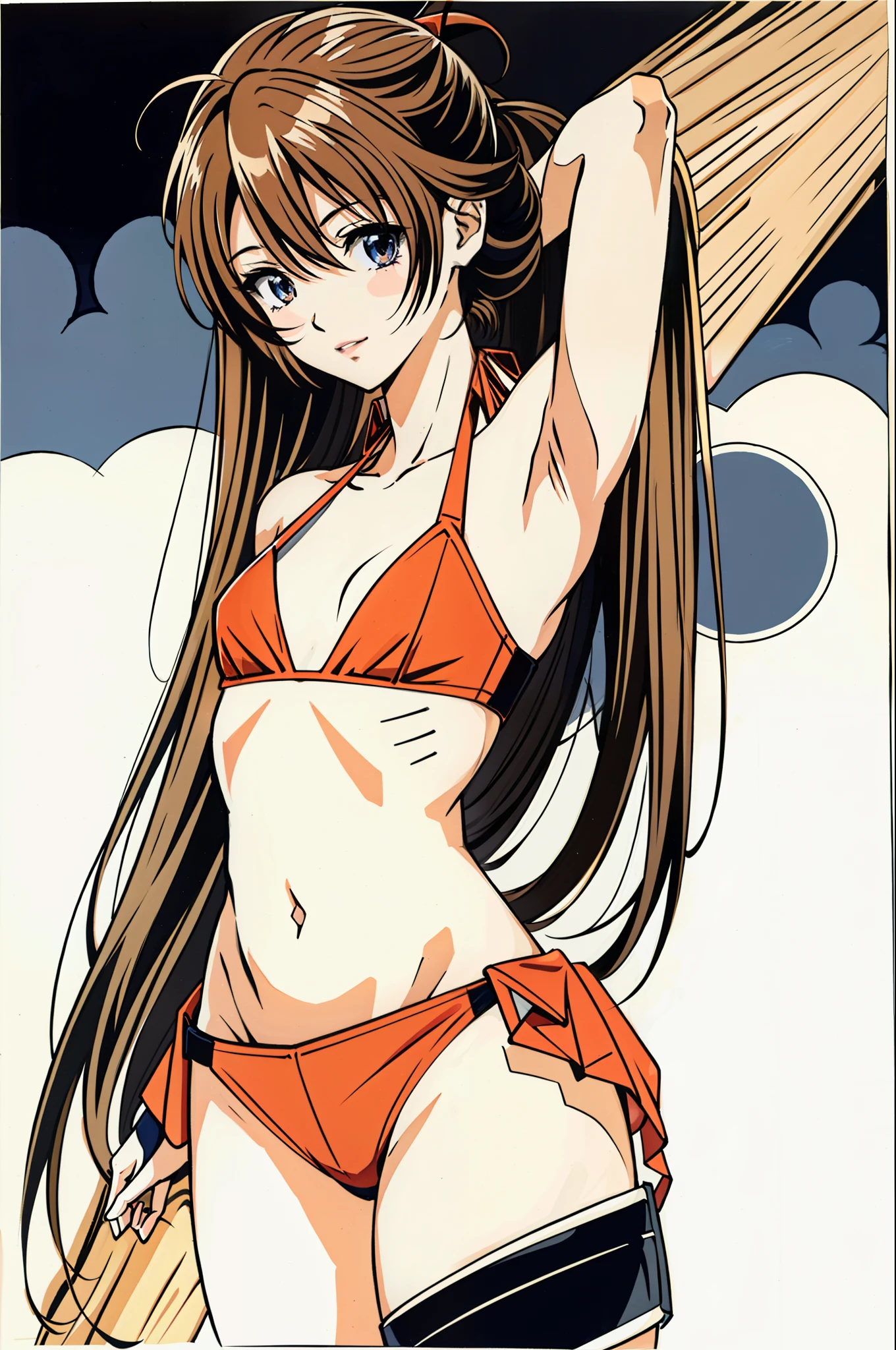 foto retrato de cuerpo entero, beautiful anorexic Asuka Langley, muy flaca en bikini, huesos y costillas visibles, Small flat breasts, very small waist, piernas delgadas, rostro hermoso, vista de perfil del cuerpo de Asuka Langley muy muy flaca, fondo blanco.