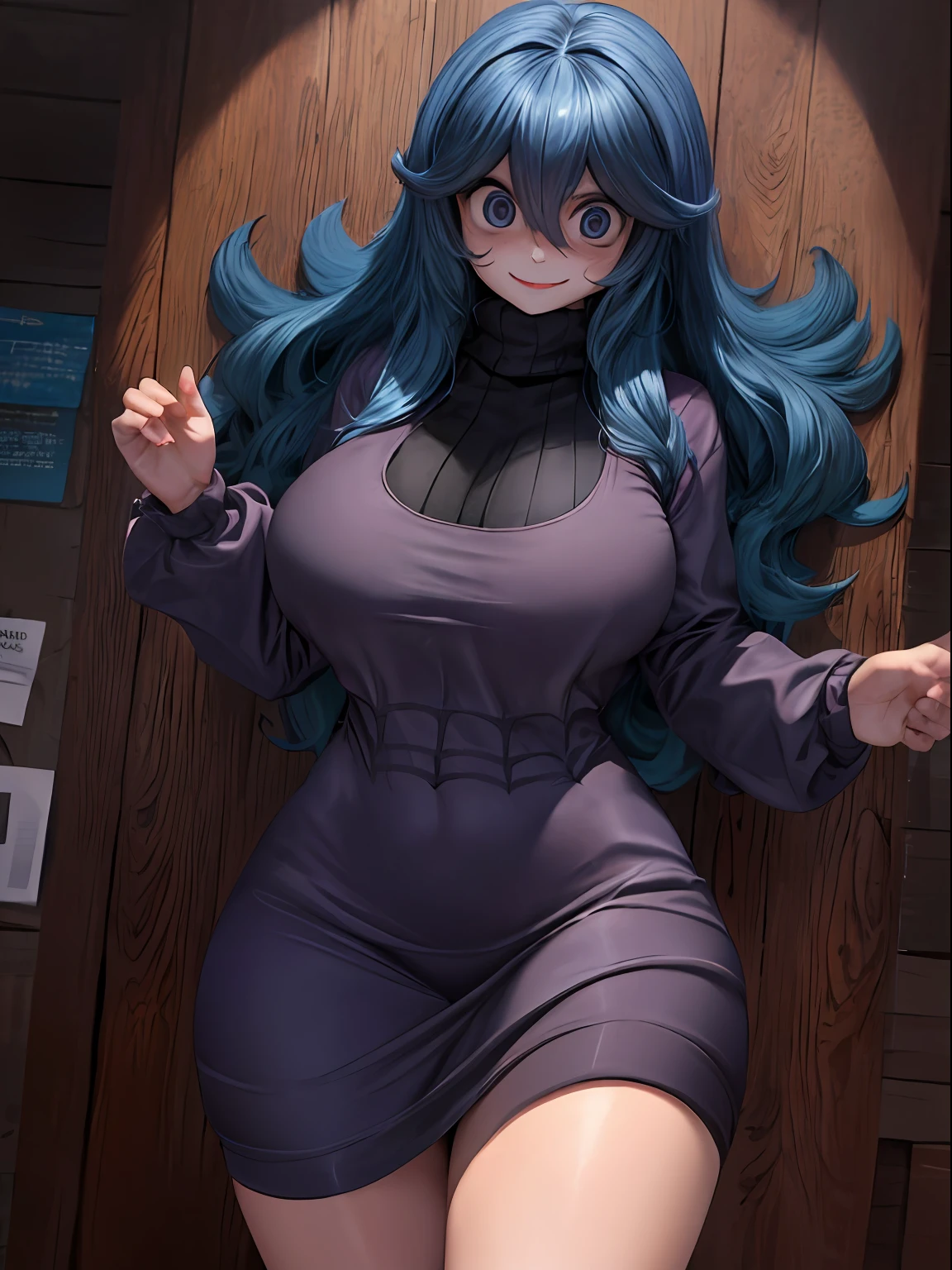 ((masterpiece:1.2)), best quality, ((extreme detail)), (official art), (ultra-detailed), anime screencap, extremely, detailed, (CG), 3d, (unity), 8k, wallpaper, hex maniac, hex maniac(pokemon), 1girl, solo, lying, (full body view), (huge breasts), wide hips, (long sleeved turtleneck sweater dress), purple clothes, taut dress, embarrassed, smile, purple eyes, cowboy shot, crazy eyes, (shaded_face:1.3), anime, bursting breasts, wrinkles in clothes, sweat,