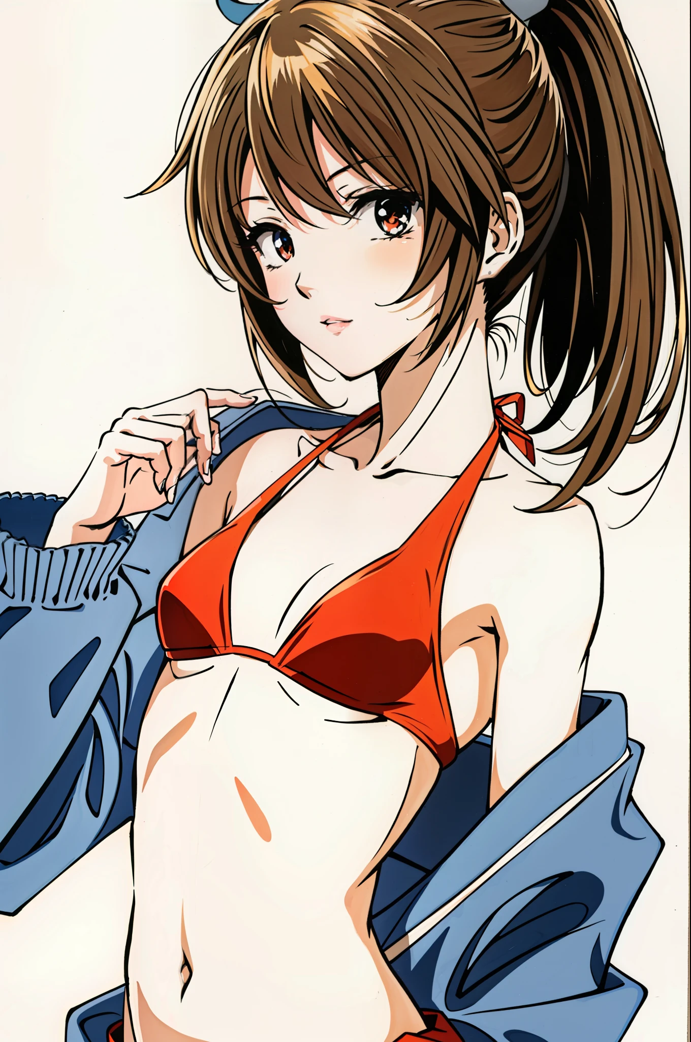 foto retrato de cuerpo entero, beautiful anorexic Asuka Langley, muy flaca en bikini, huesos y costillas visibles, Small flat breasts, very small waist, piernas delgadas, rostro hermoso, vista de perfil del cuerpo de Asuka  Langley muy muy flaca, fondo blanco.
