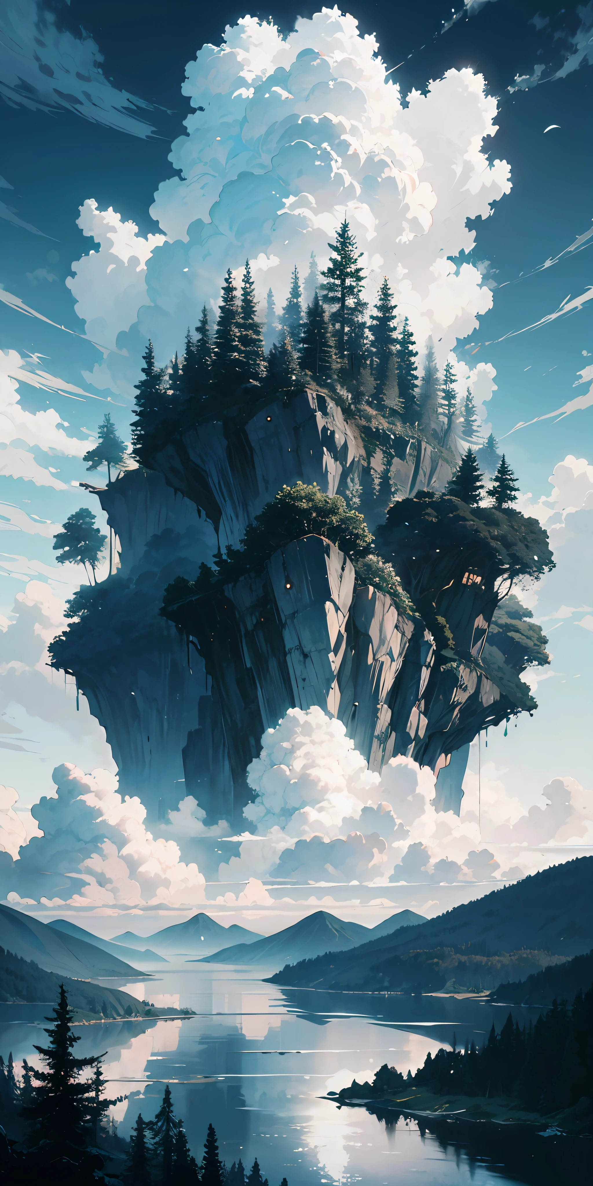 (an epic and breathtaking landscape),(majestic forest in island),(a surreal floating island),(fluffy clouds),(calm water),masterpiece, best quality, ultra-detailed, (best aesthetics, highest contrast and resolution),dynamic and intricate details, high resolution, 8K wallpaper