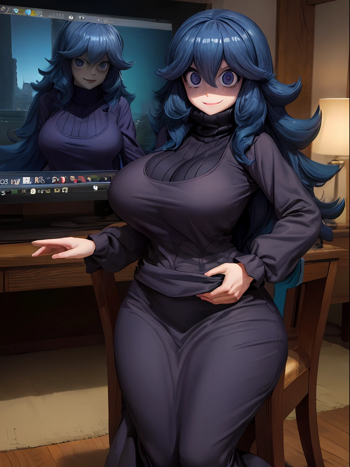 ((masterpiece:1.2)), best quality, ((extreme detail)), (official art), (ultra-detailed), anime screencap, extremely, detailed, (CG), 3d, (unity), 8k, wallpaper, hex maniac, hex maniac(pokemon), 1girl, solo, lying, hands on own chest, (full body view), (huge breasts), wide hips, (long sleeved turtleneck sweater dress), purple clothes, taut dress, embarrassed, smile, purple eyes, cowboy shot, crazy eyes, (shaded_face:1.3), anime, bursting breasts, wrinkles in clothes, sweat,