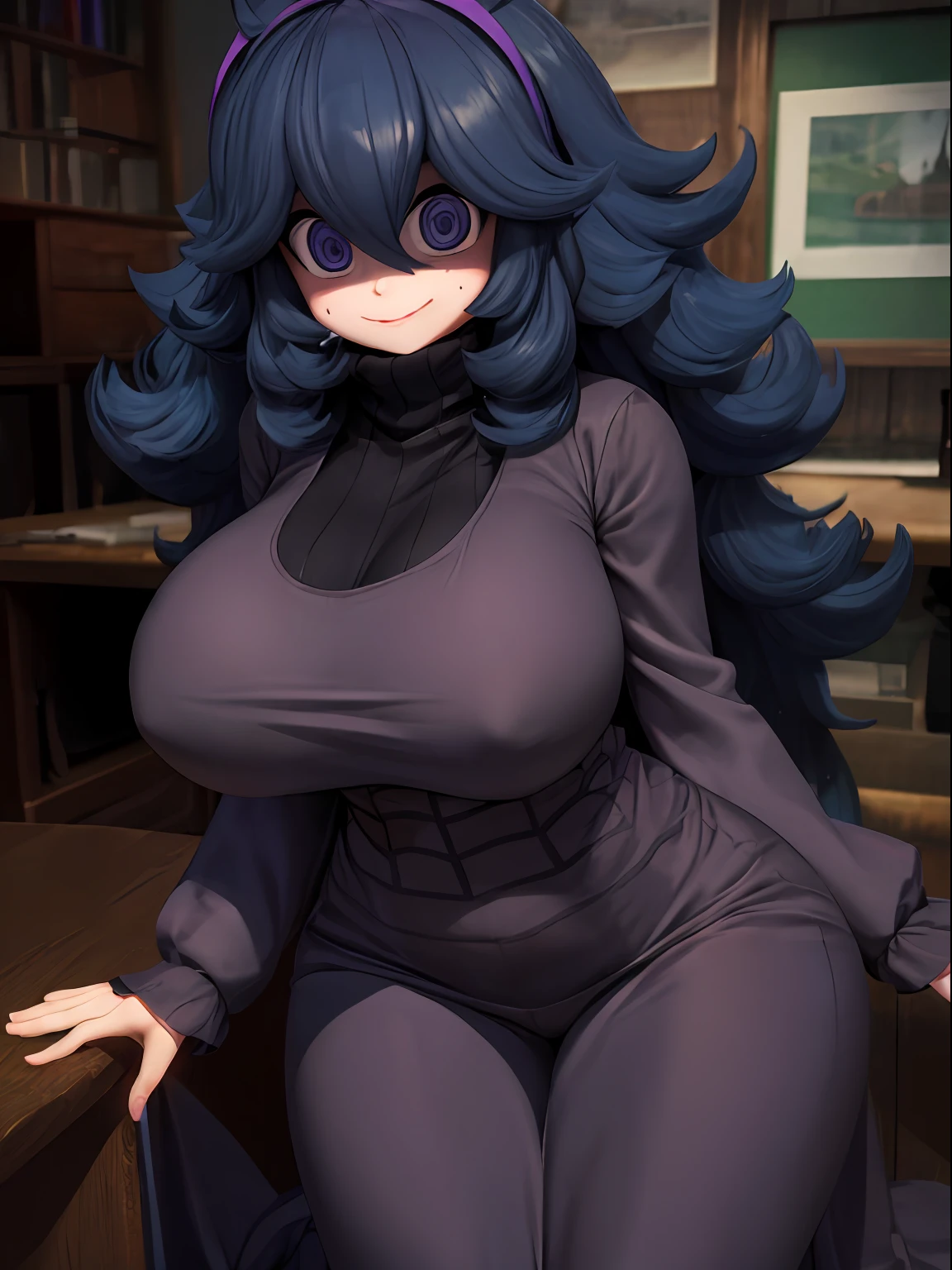((masterpiece:1.2)), best quality, ((extreme detail)), (official art), (ultra-detailed), anime screencap, extremely, detailed, (CG), 3d, (unity), 8k, wallpaper, hex maniac, hex maniac(pokemon), 1girl, solo, lying, hands on own chest, (full body view), (huge breasts), wide hips, (long sleeved turtleneck sweater dress), purple clothes, taut dress, embarrassed, smile, purple eyes, cowboy shot, crazy eyes, (shaded_face:1.3), anime, bursting breasts, wrinkles in clothes, sweat,