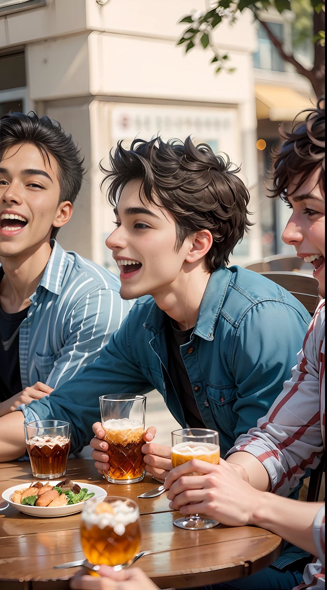 four 19 year old guys sitting at the table outside having fun, drinking, happy, laughing, casual clothes