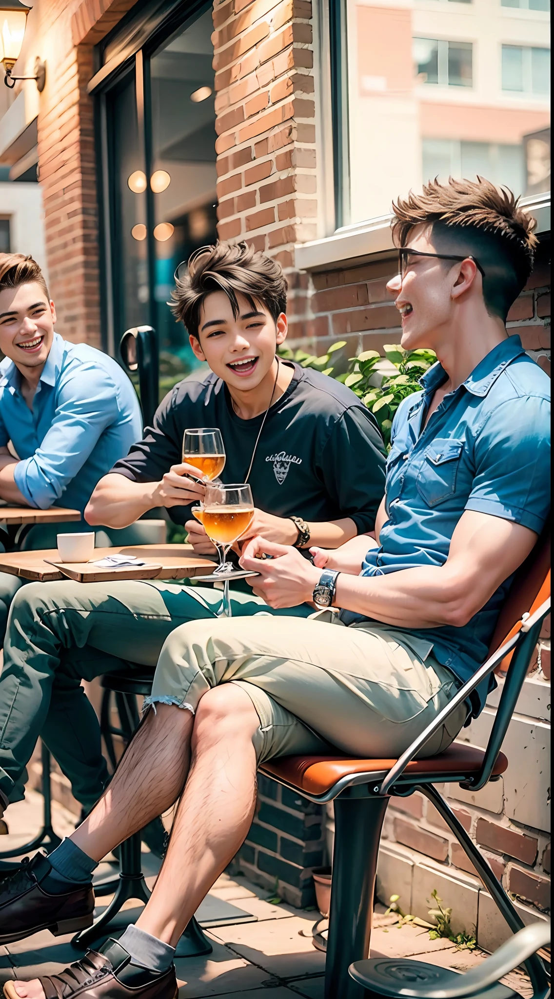 four 19 year old guys sitting at the table outside having fun, drinking, happy, laughing, casual clothes