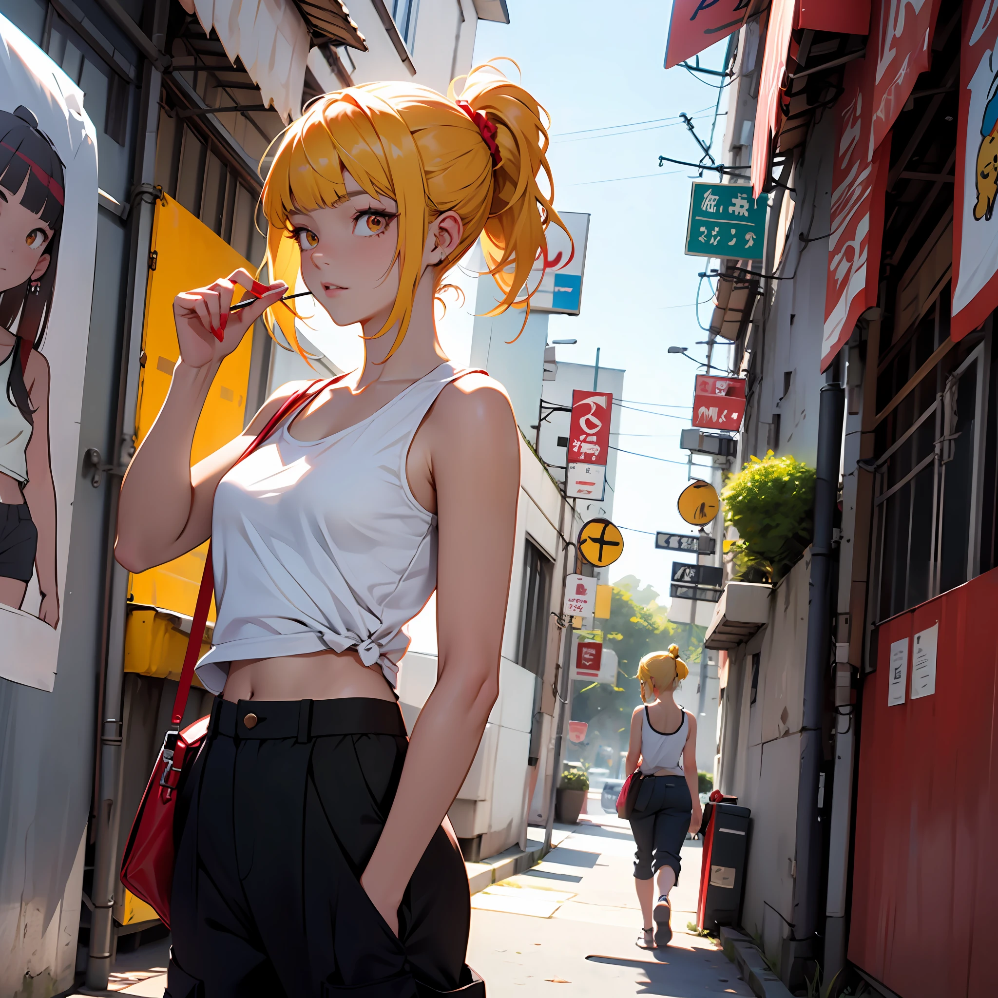 gal girl，Partial bangs(2:1)，Yellow hair（Redhead）,Red pick dye，Double ponytail，Eye tail up，orange eyes，juvenile sense，white tank-top，Loose cargo pants。 --auto