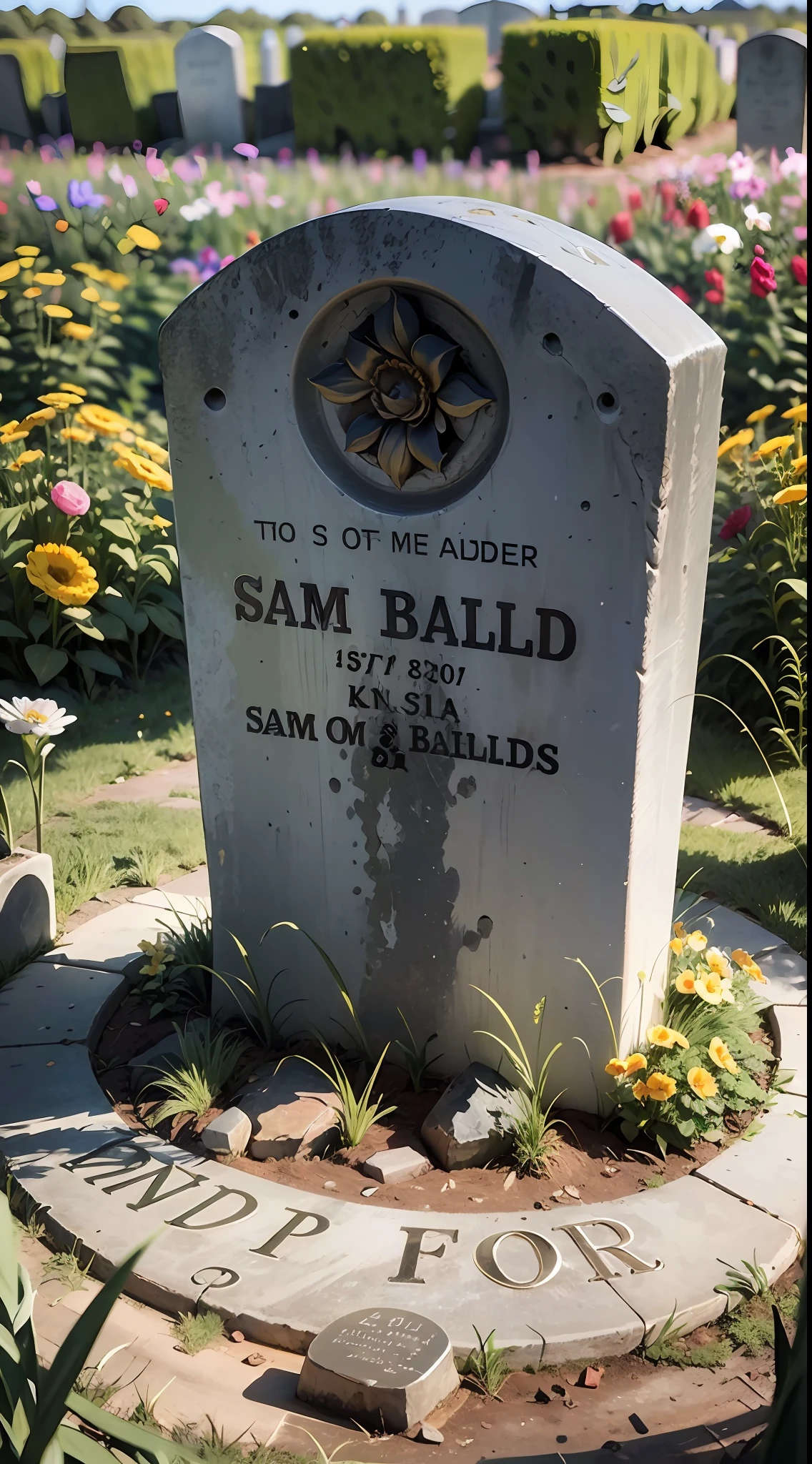 photo of a grave where it says Sam Ballard, flowers around the grave, grave in the middle of a photo, grass field around it