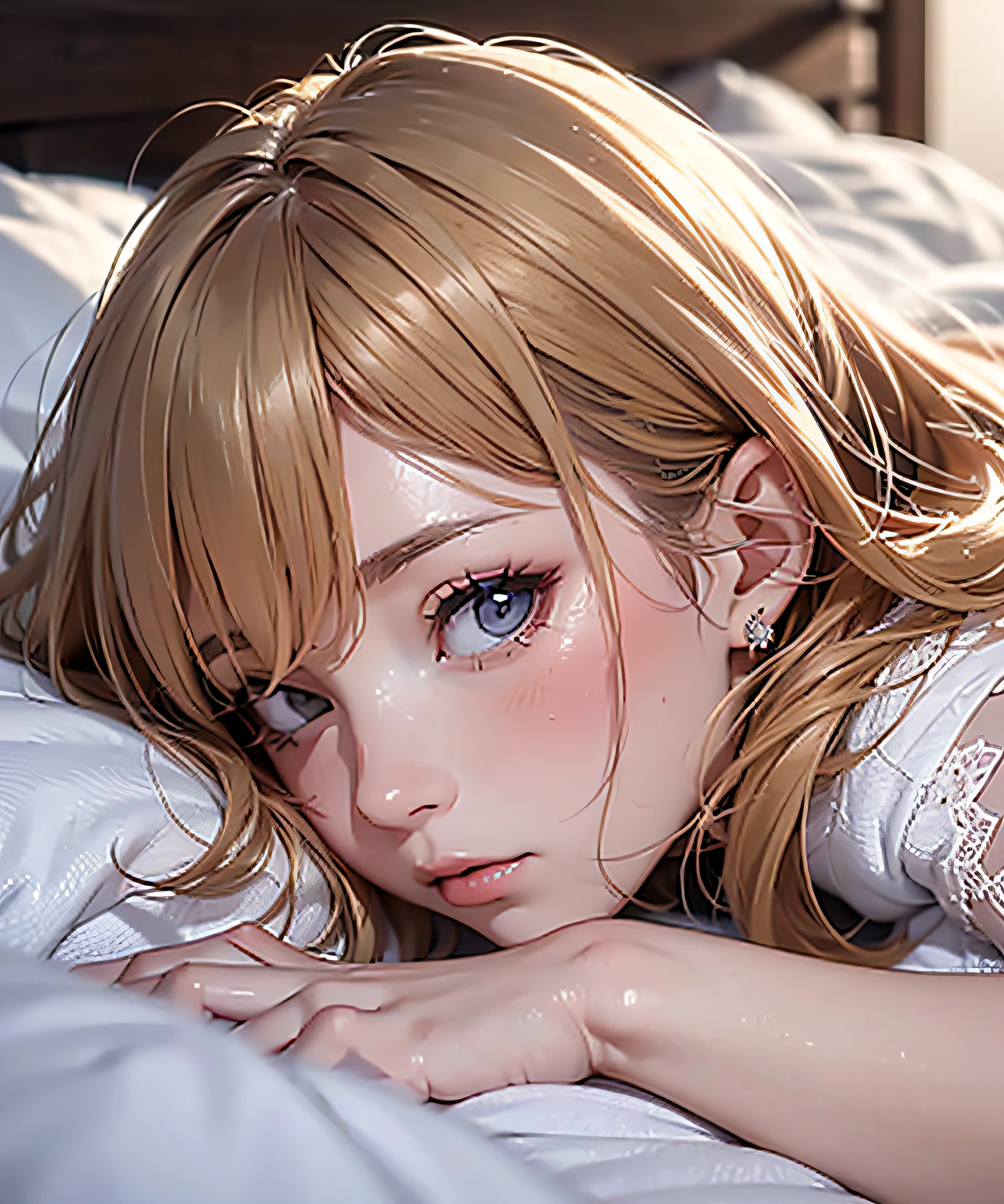A masterpie、Realstic、premier quality、photorealestic、Beautiful girl crawling into bed naked、Sleeping wrapped in sheets with profile facing the viewer、Her style shows up on the sheets、close her eyes、long hair、a blond、18y、
