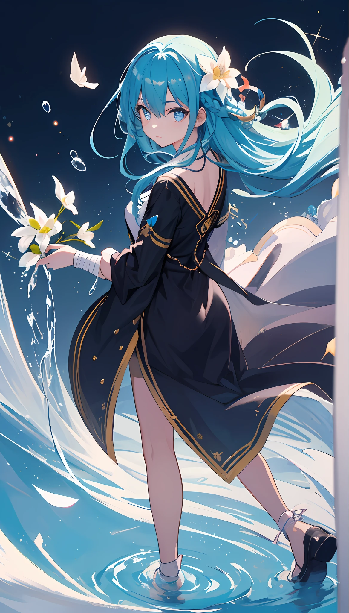 (A masterpie)、(highest quallity)、(Ultra Verbose)、(tousled hair)、(illutstration)、(a 1 girl)、(Full body bandage)、standing a、fashion model、see the beholder、(interview)、(simple back ground)、Fine and beautiful eyes、Delicate beautiful face、floating、(high saturation)、(colorful splashing)、colorful bubble、(sparkles)、focus on face、Kamisato colorful flowers、Light blue hair、bangs、Hair Ring、Floating flowers、Floating hairs、（shine）、Best lighting、Best Shadows、
