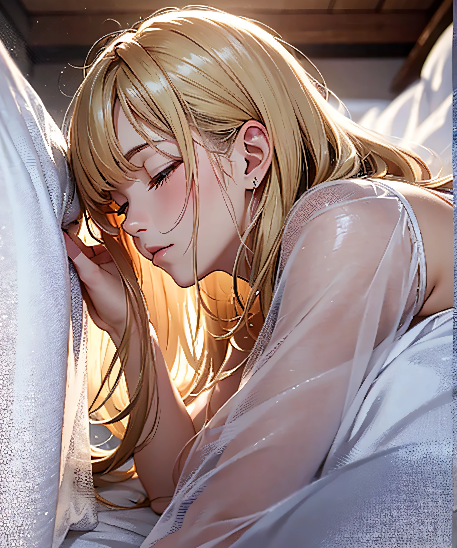A masterpie、Realstic、premier quality、photorealestic、Beautiful girl crawling into bed naked、Sleeping wrapped in sheets with profile facing the viewer、Her style shows up on the sheets、close her eyes、long hair、a blond、18y、