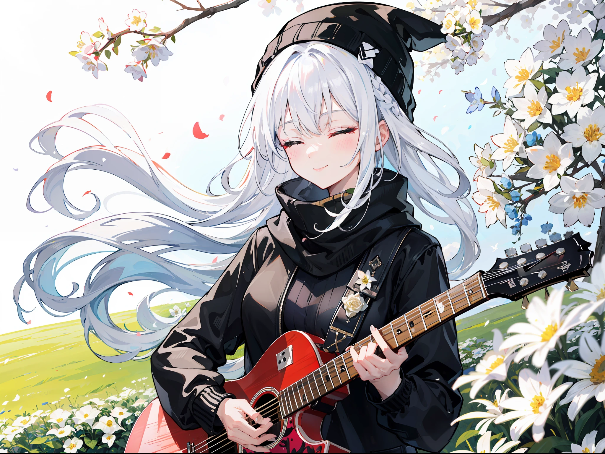 "Epic morning atmosphere, stunning 4k artwork featuring a mature woman with confident long full white flower white hair and closed two eyes, she wears a black beanie and is decorated with flowers, her hair is also decorated with flowers, she plays guitar on the green grass, wear black jacket and black syal. Super cute smile. In her hair full white flower"