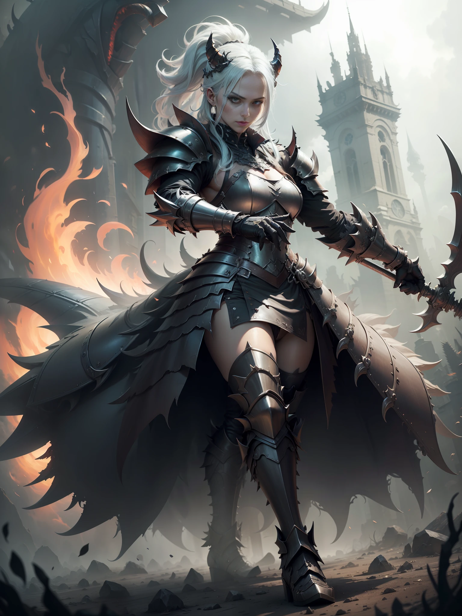 ((Meisterwerk)), best qualiy, ultradetailreich, atemberaubende Details, the dark hell, Demon ruler with heavy armor, dynamische Pose, dynamischer Winkel, high res, gloomy ambience.