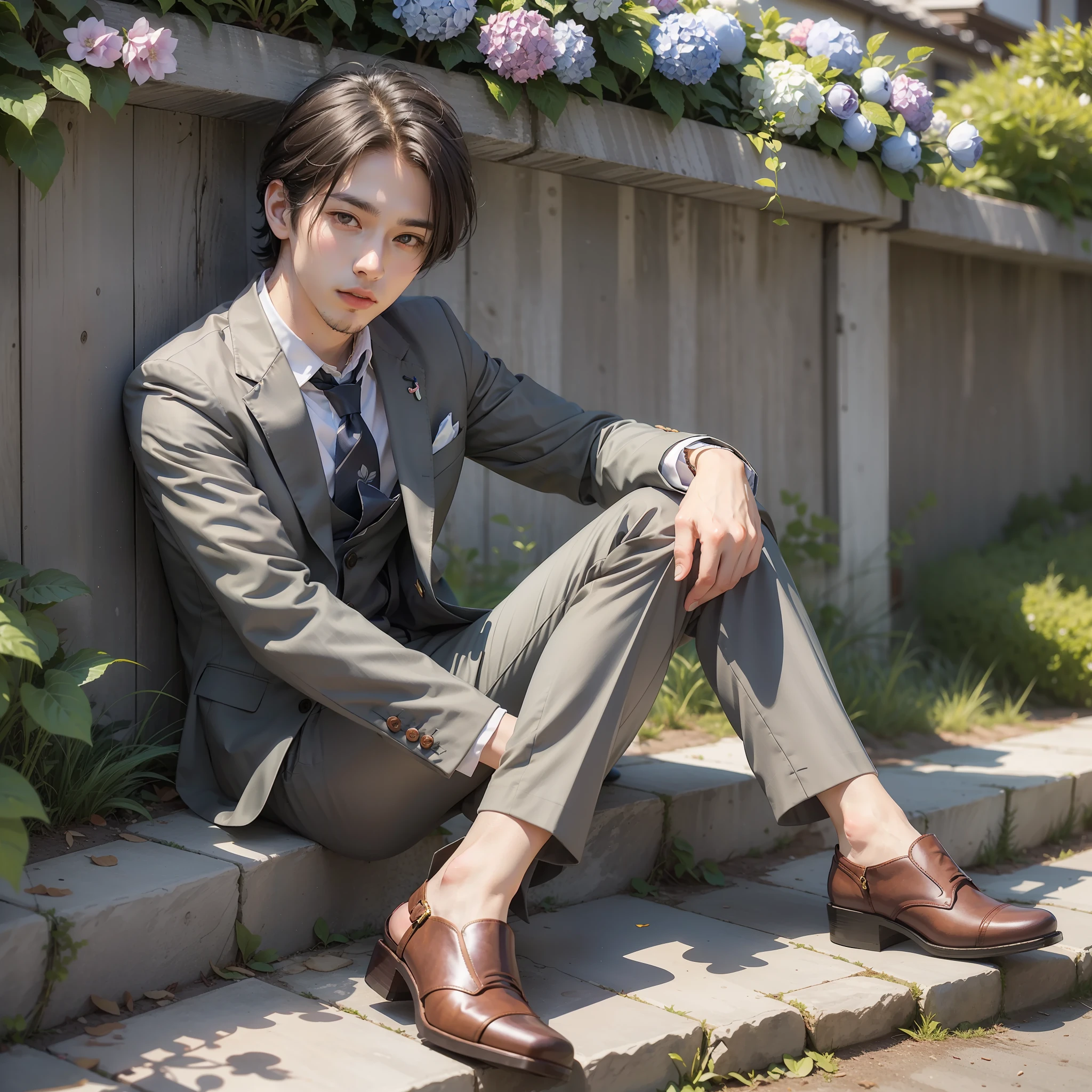 best qualiy、Full body portrait、delicate faces、Masculine face、25-year-old male、Slim suit、Office Clothes、Stylish tie、Outdoor Scene、sitting position、Japan countryside、Many hydrangeas are blooming
