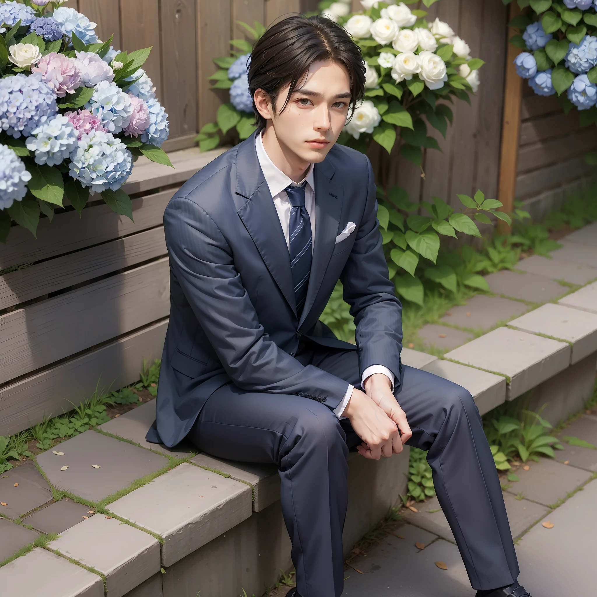 best qualiy、Full body portrait、delicate faces、Masculine face、25-year-old male、Slim suit、Office Clothes、Stylish tie、Outdoor Scene、sitting position、Japan countryside、Many hydrangeas are blooming
