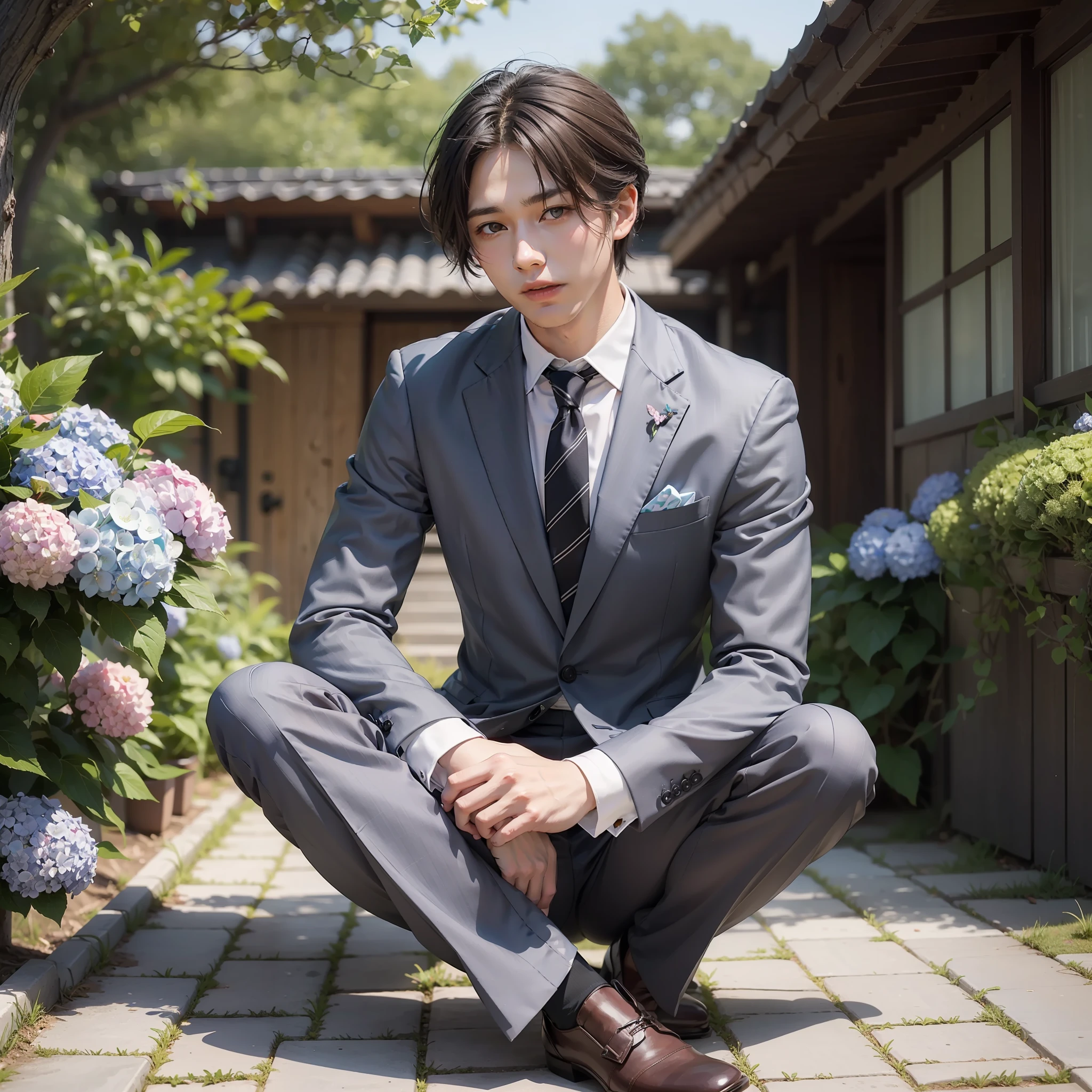 best qualiy、Full body portrait、delicate faces、Masculine face、25-year-old male、Slim suit、Office Clothes、Stylish tie、Outdoor Scene、sitting position、Japan countryside、Many hydrangeas are blooming
