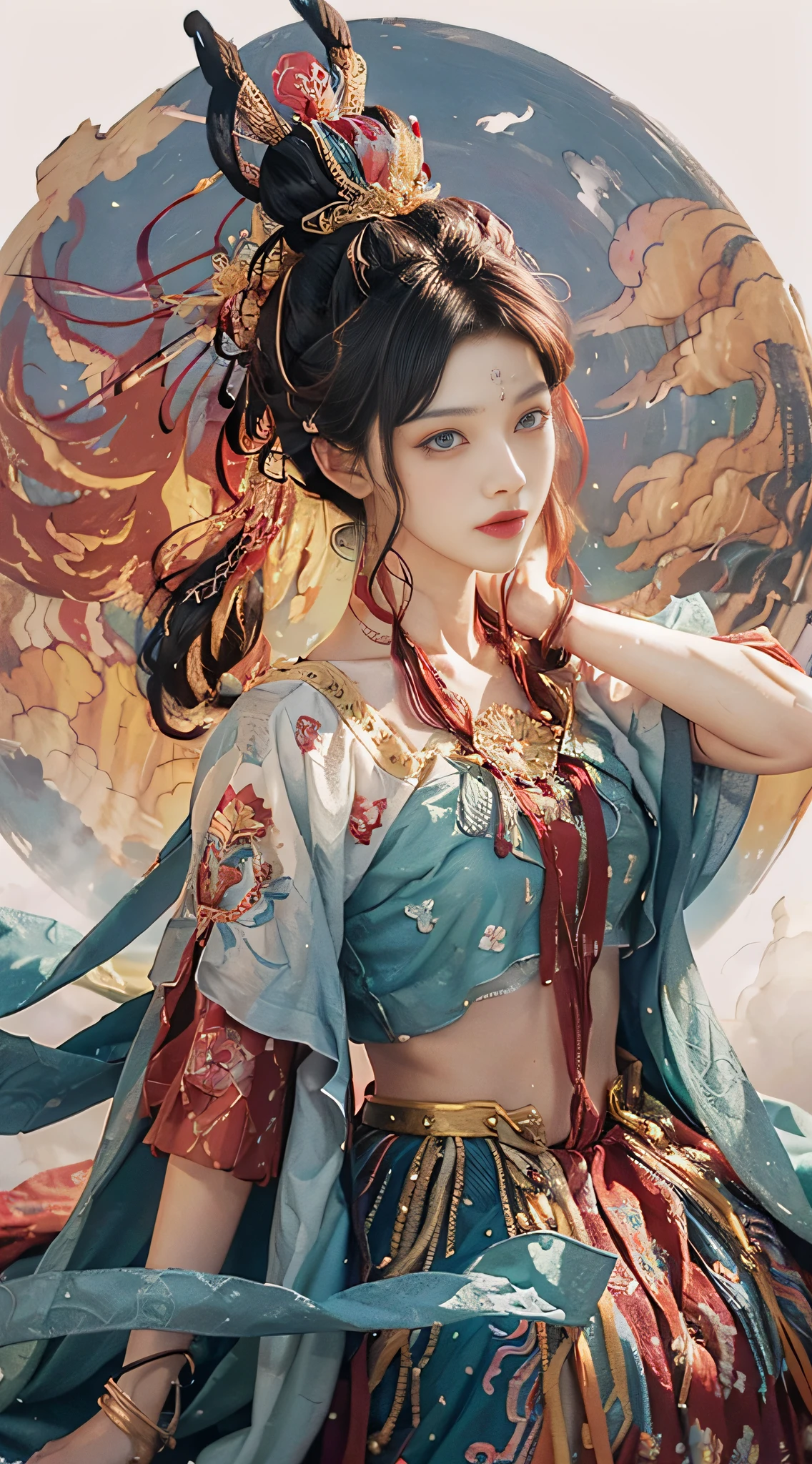 (((White Cloud Background))), (((High Saturation))), ((Surrounded by Color Splashes)))) Ultra Detailed, Beautiful and Aesthetic, Masterpiece, Best Quality, (Zentangle, Mandala, Tangled, Entangle), (Fractal Art: 1.3), 1girl, Very Detailed, Dynamic Angle, Cowboyshot, Most Beautiful Forms Chaotic, Elegant, Fauvist Design, Bright Colors, Romanticism, Michal Mraz, Adrian Ghenny, Petra Courtwright, atmospheric, ecstatic notes, flow notes visible
