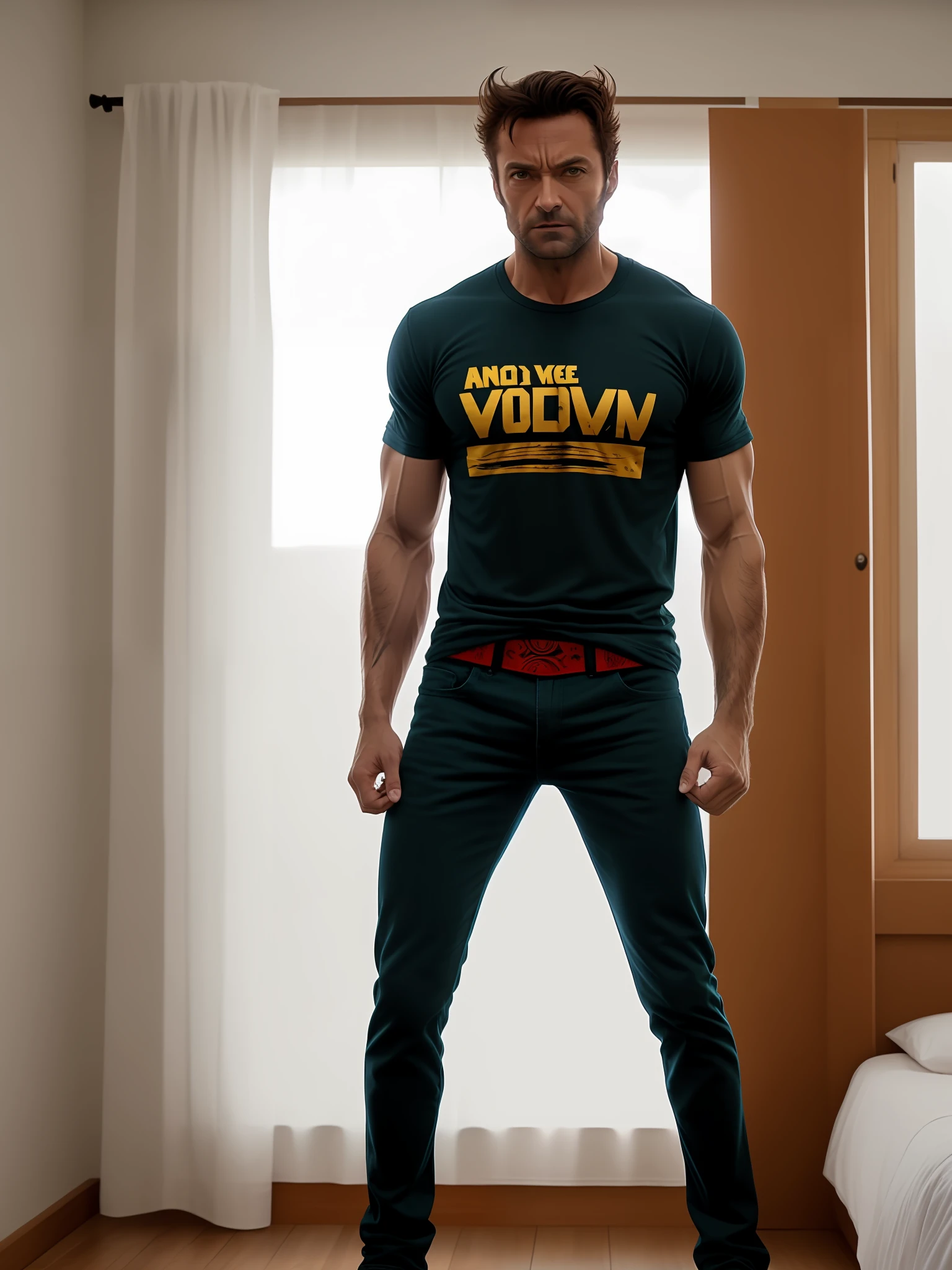 Wolverine camiseta branca e cueca no quarto