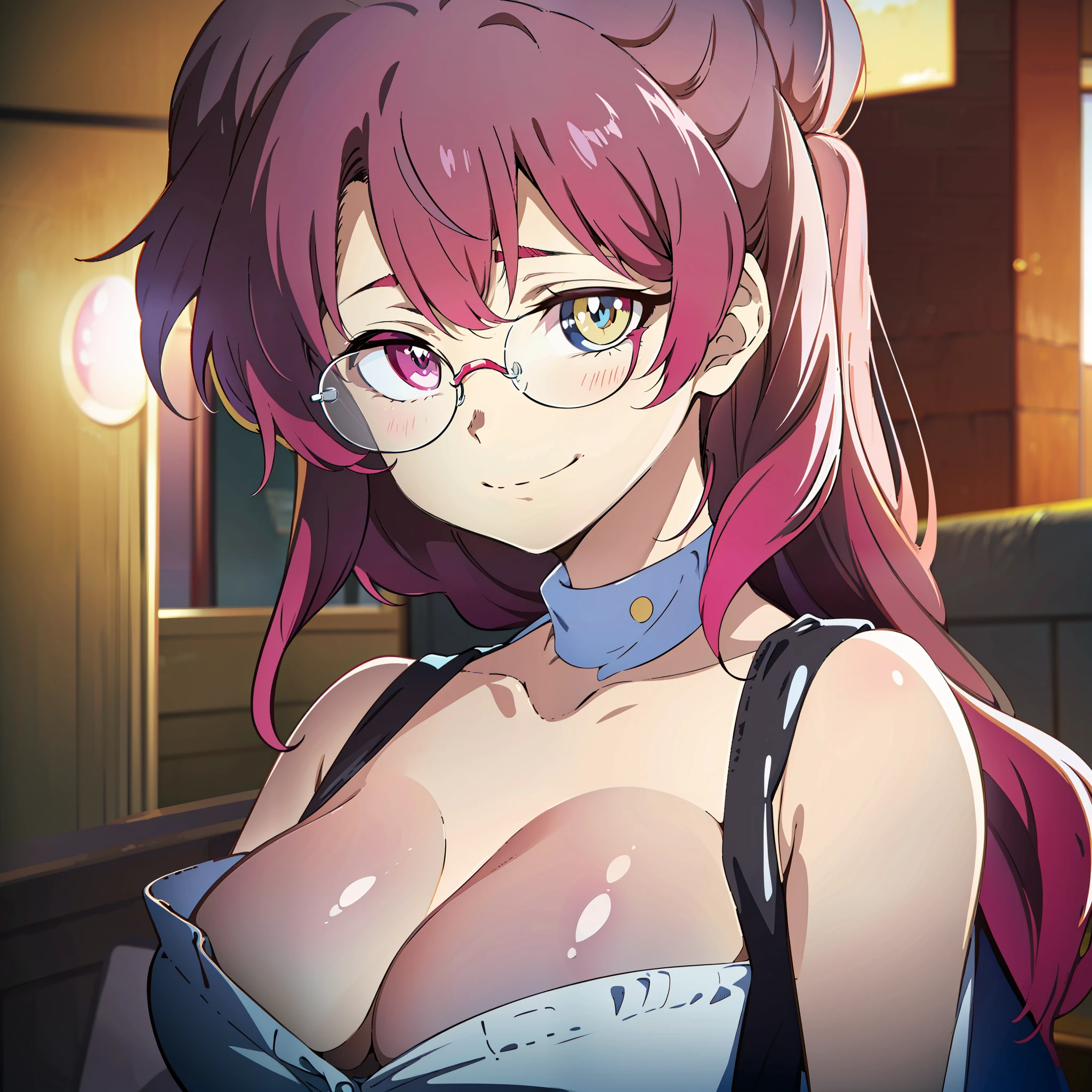 2d, masterpiece, best quality, anime, highly detailed face, highly detailed eyes, highly detailed background, perfect lighting, 1girl, solo, standing, ,koe no katachi, round glasses,Shouko Nishimiya, ,, huge breasts, glowing eyes, Hoshino Ai Eyes, smirk, short dress, Heterochromia, close-up,cleavage