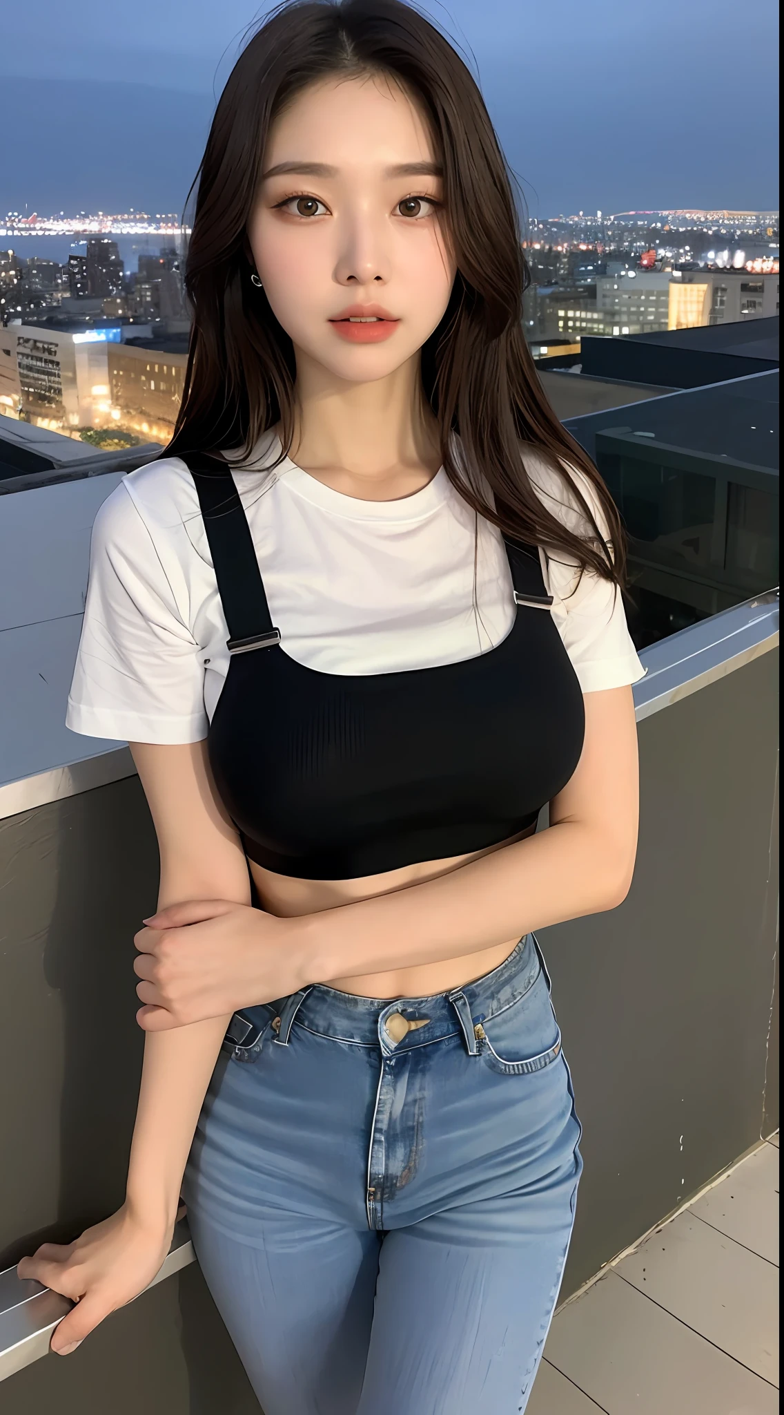 ((Midnight, Best quality, 8k, Masterpiece :1.3)), Whole body, Long legs, Sharp focus :1.2, A pretty woman with perfect figure :1.4, Slender abs :1.1, ((Dark brown hair, Big breasts :1.2)), (White tight tshirt, Jean bib, Standing:1.2), ((Night city view, Rooftop:1.3)), Highly detailed face and skin texture, Detailed eyes, Double eyelid