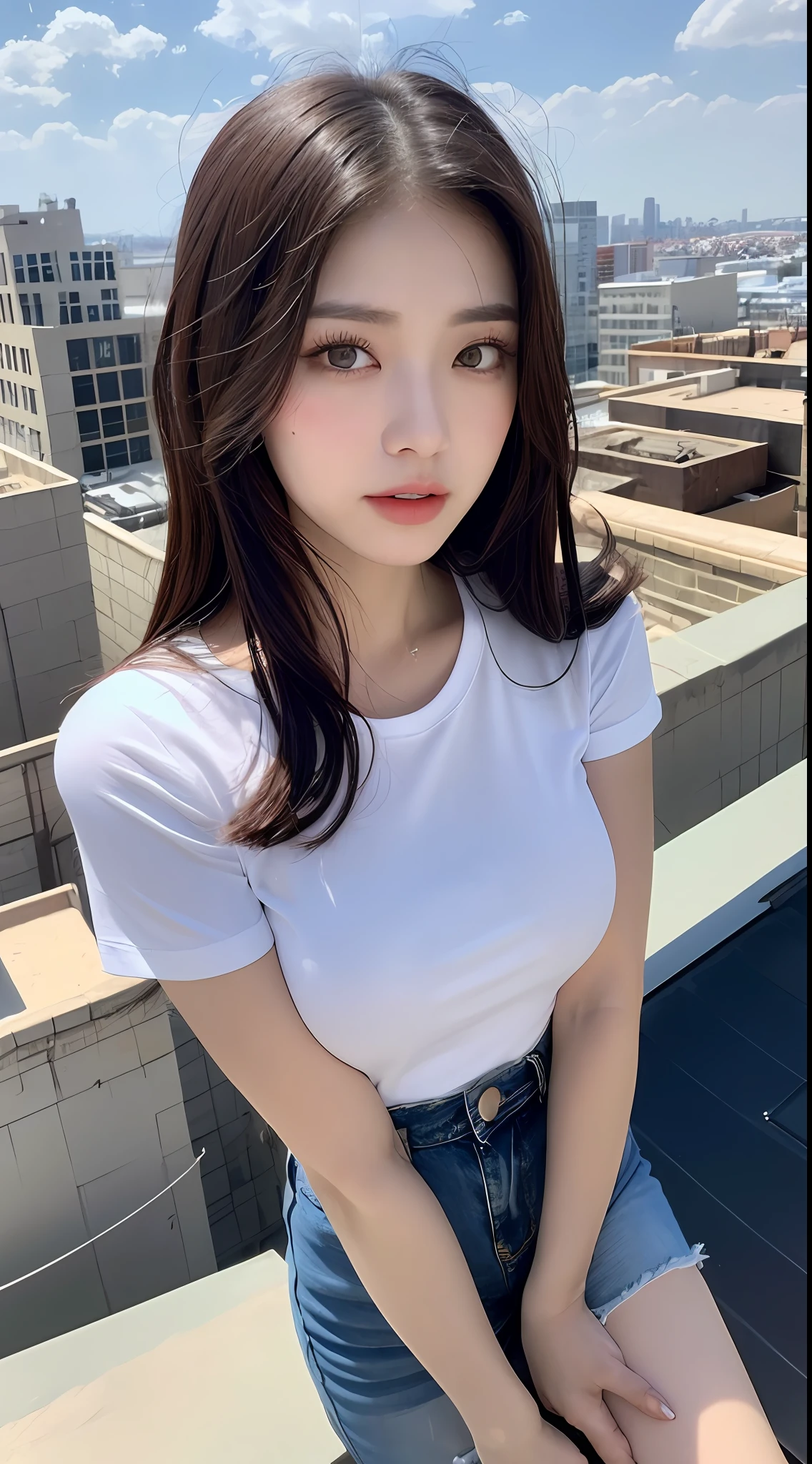 ((Midnight, Best quality, 8k, Masterpiece :1.3)), Whole body, Long legs, Sharp focus :1.2, A pretty woman with perfect figure :1.4, Slender abs :1.1, ((Dark brown hair, Big breasts :1.2)), (White tight tshirt, Jean bib, Standing:1.2), ((Night city view, Rooftop:1.3)), Highly detailed face and skin texture, Detailed eyes, Double eyelid