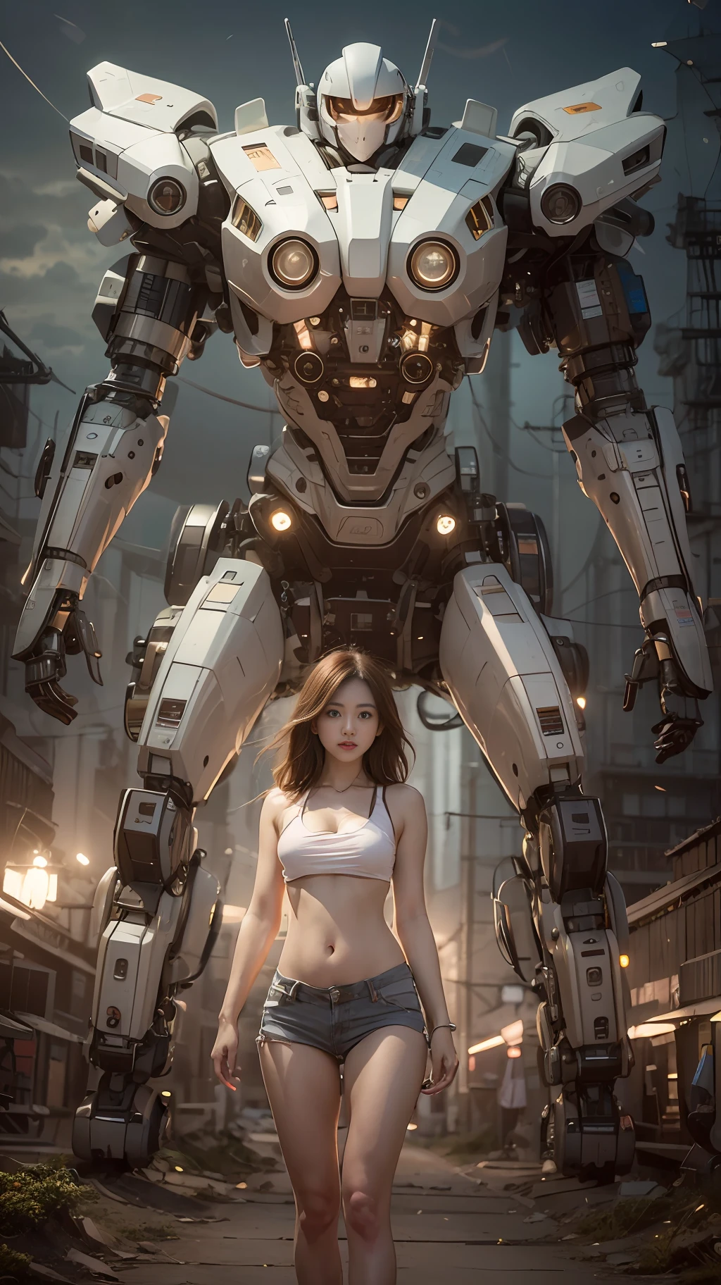 The Masterpiece,illutstration,realistic big breasts,Clear focus,Professional lighting,Rainbow colors BREAK factory super long shot,Large mechanical robot structure,microchips,computers,glowing with,Shitu-mecha,1girl standing in front of the camera,Belly button,Mechanical Ji,