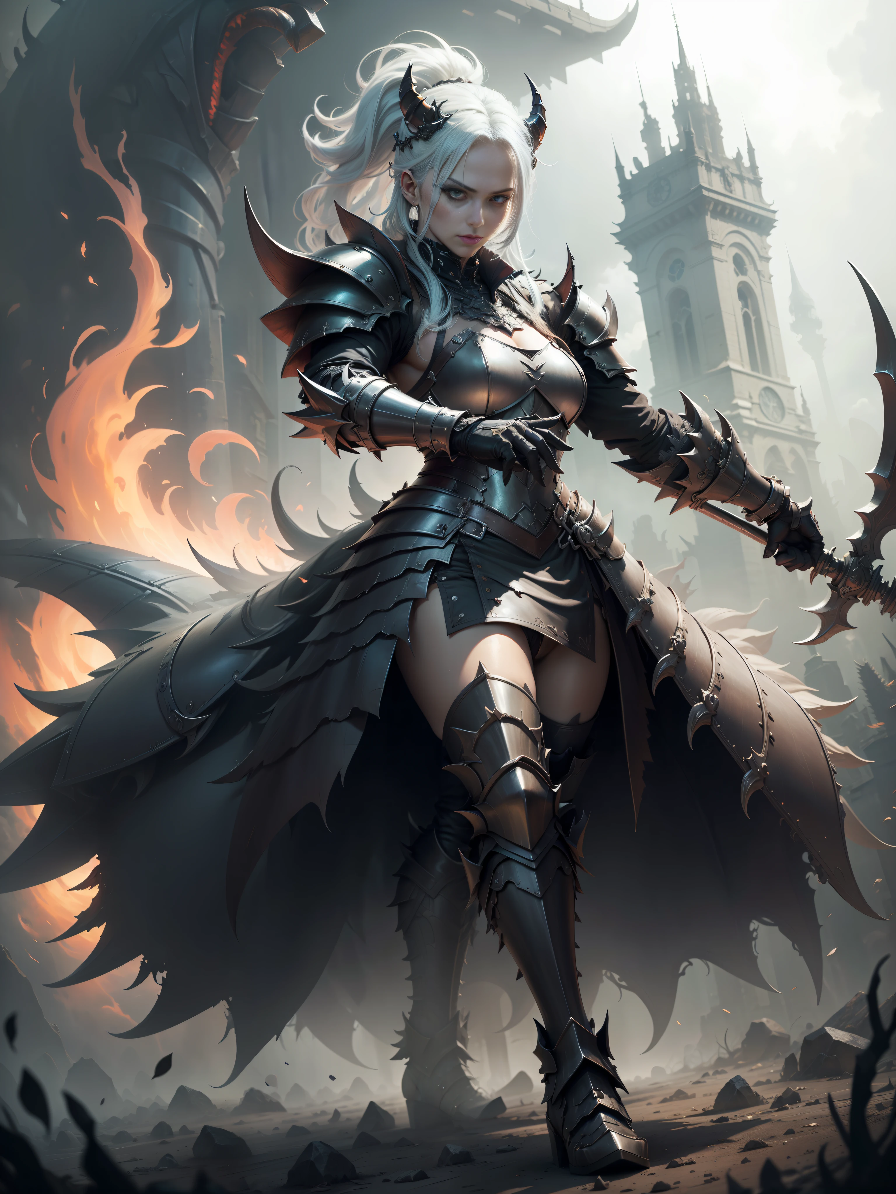 ((Meisterwerk)), best qualiy, ultradetailreich, atemberaubende Details, the dark hell, Demon ruler with heavy armor, dynamische Pose, dynamischer Winkel, high res, gloomy ambience.