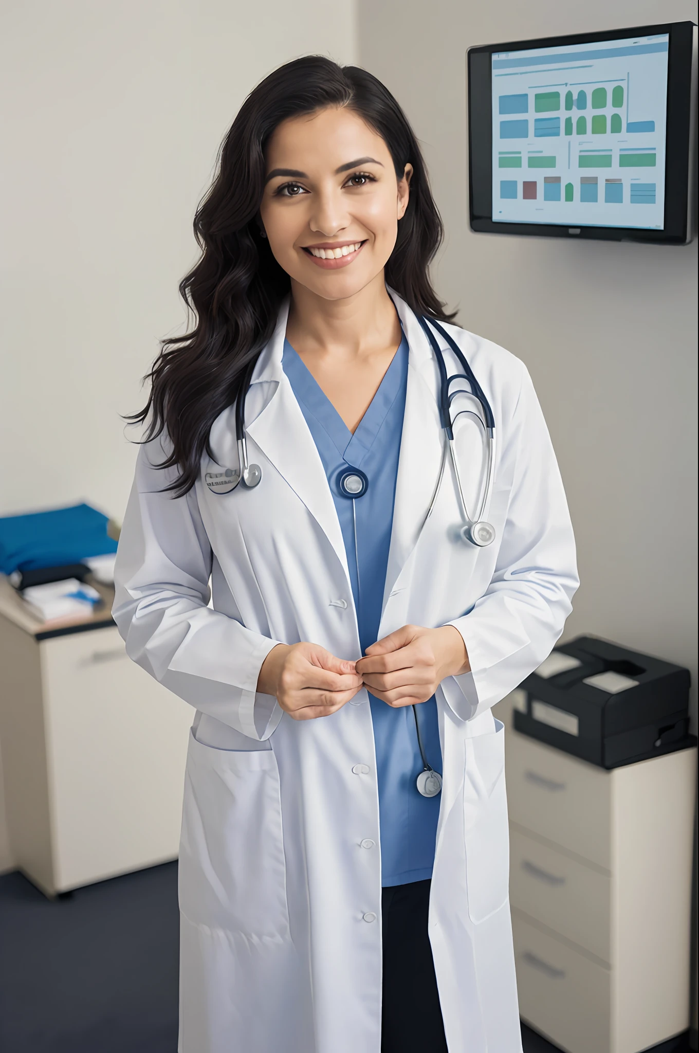 (masterpiece, high resolution, professional:1.2) female doctor, (white lab coat:1.2), (stethoscope:1.2), (confident pose:1.1), (warm smile:1.2), (professional attire:1.1), (medical bag:1.2), (sturdy leather shoes:1.1), (knowledgeable expression:1.2), (serious yet approachable:1.1), (well-groomed appearance:1.2), (focused eyes:1.1), (medical equipment in background:1.2), (clean and organized workspace:1.1), (state-of-the-art technology:1.2), (doctor's office:1.1), (medical charts and papers:1.2), (compassionate care:1.1), (healing touch:1.2), (expertise and experience:1.1), (supportive medical team:1.2), (trustworthy presence:1.1), (empowering patients:1.2), (professional demeanor:1.1), (dedicated to patient well-being:1.2), (knowledgeable about medical advancements:1.1), (up-to-date on medical research:1.2), (excellent bedside manner:1.1), (inspiring confidence:1.2), (promoting healthy lifestyle:1.1), (multicultural patient base:1.2), (diverse community:1.1), (advocating for patient rights:1.2), (promoting inclusivity and diversity:1.1), (compassionate listener:1.2), (providing emotional support:1.1), (educating patients about health:1.2), (dedicated to ongoing learning:1.1), (promoting preventative care:1.2), (leading medical advancements:1.1), (embracing technology in medicine:1.2), (innovative treatment options:1.1), (creating a welcoming environment:1.2), (serving the community:1.1), (promoting a healthy work-life balance:1.2), (advocating for mental health:1.1), (committed to patient privacy:1.2), (improving healthcare accessibility:1.1), (providing personalized care:1.2), (building strong doctor-patient relationships:1.1), (inspiring the next generation of doctors:1.2), (promoting overall well-being:1.1), (exuding professionalism and empathy:1.2), (upholding medical ethics:1.1), (committed to excellence:1.2), (advancing medical knowledge:1.1), (making a positive impact:1.2), (embracing a holistic